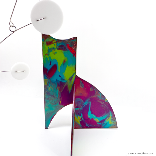 back view of gorgeous hand-painted Moderne Kinetic Art Sculpture, tabletop mobile, in vibrant swirly colors with black circles by AtomicMobiles.com