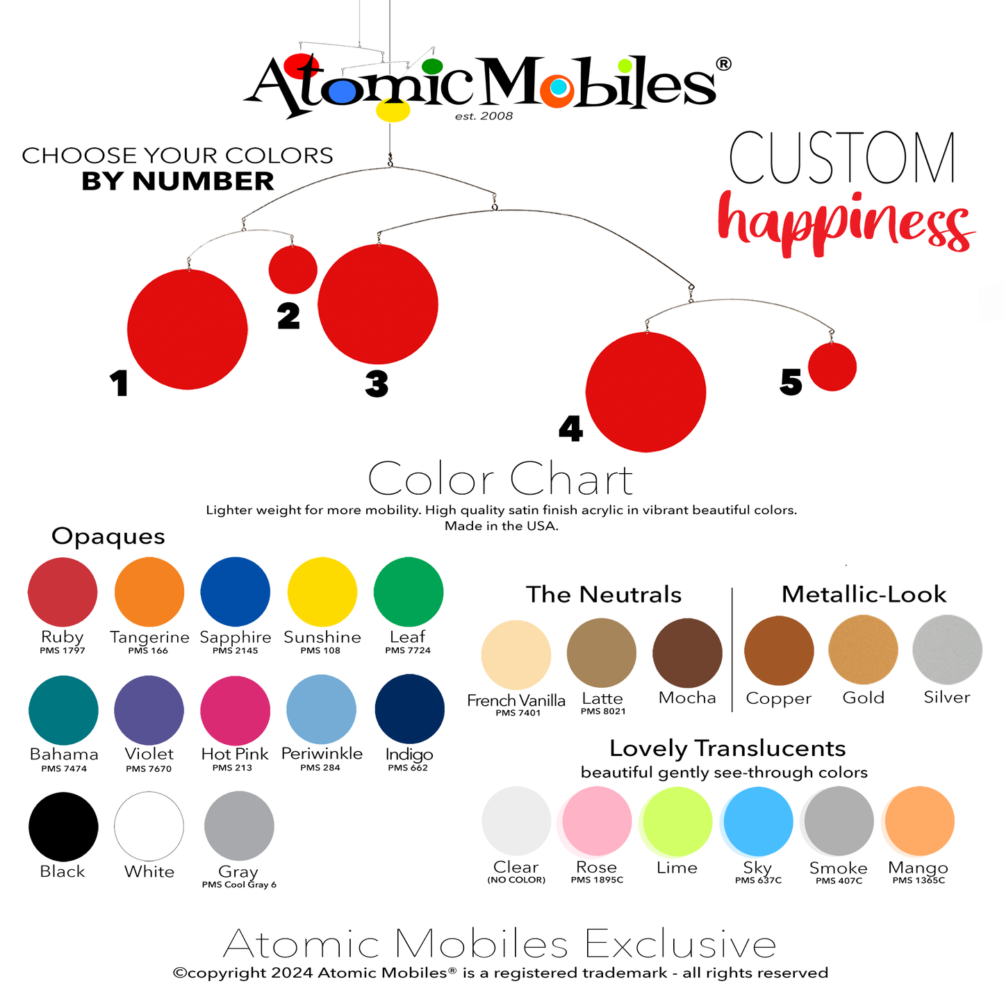 Custom Color Chart for HAPPINESS Kinetic Hanging Art Mobile in opaque, neutral, metallic-look, and lovely translucent colors by AtomicMobiles.com. Choose by part number and color name.