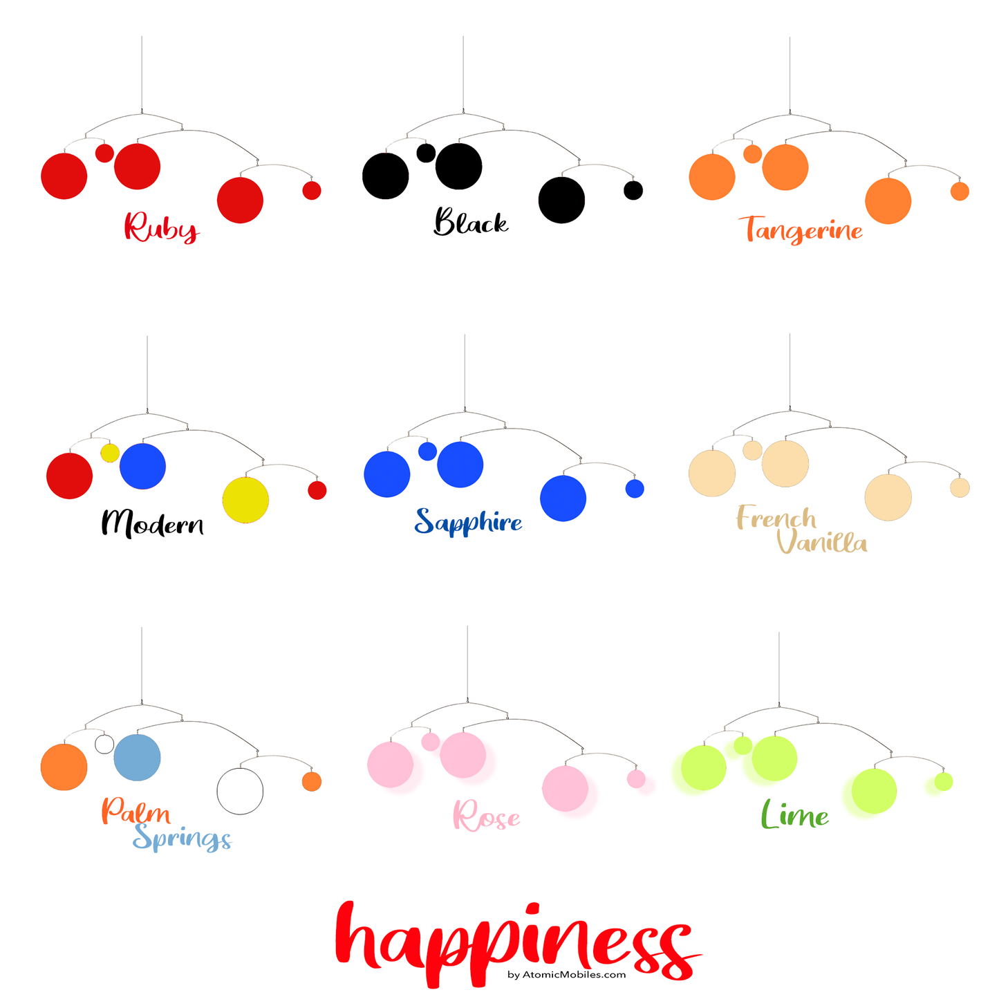 9 Designer Color selections for Happiness hanging art mobile in red, black, tangerine orange, modern, sapphire, french vanilla, Palm Springs, Rose, and Lime - by AtomicMobiles.com