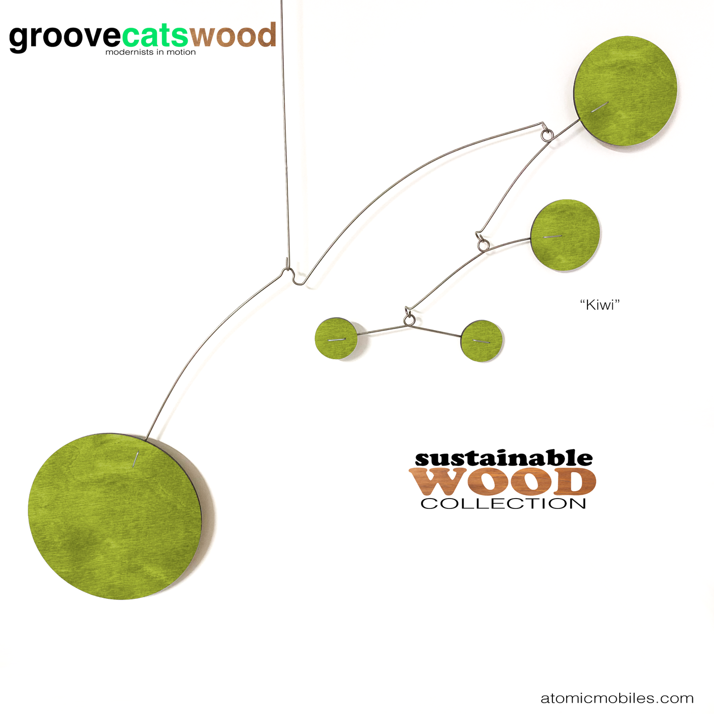 The Moderne hanging art mobile in sustainable wood - shown here in Kiwi Green stained wood - designed and made to order in Los Angeles by AtomicMobiles.com