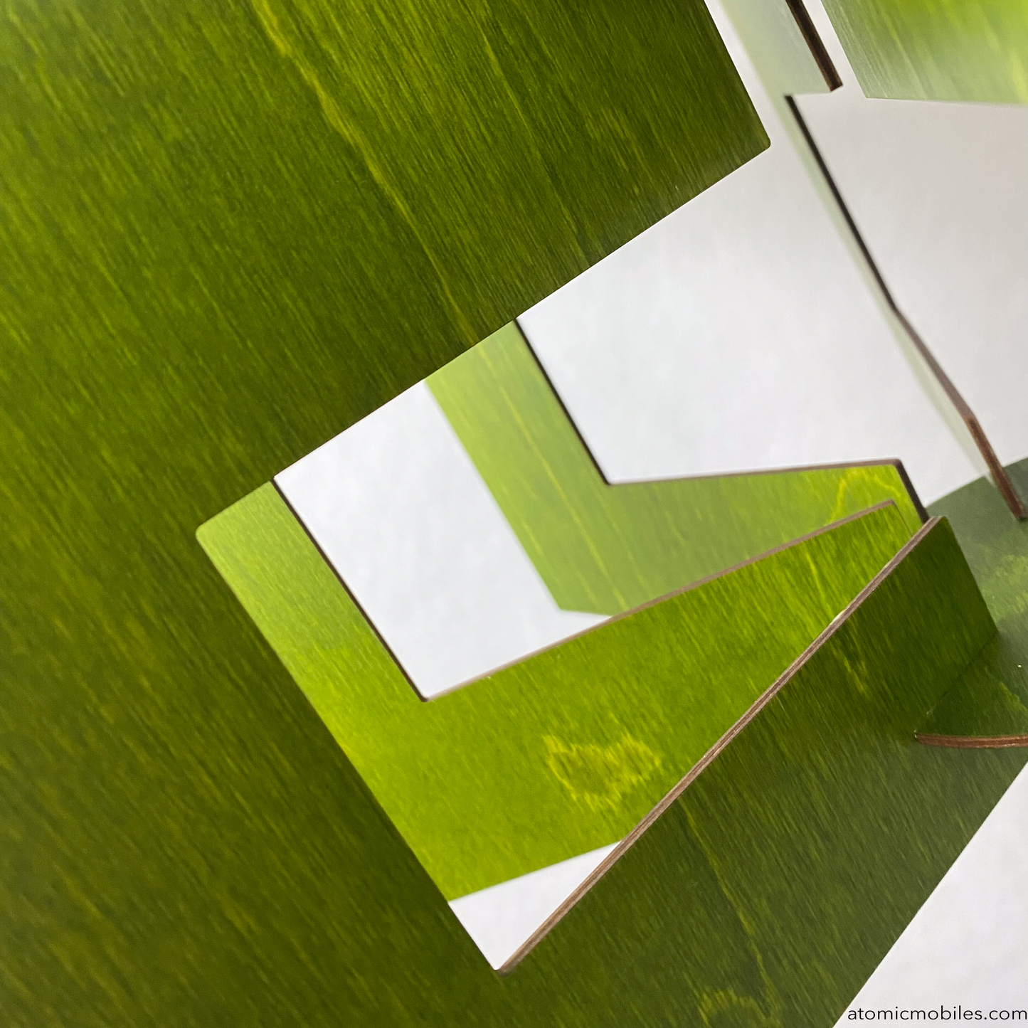 Another closeup of SPACE AGE kinetic hanging art mobile in beautiful Kiwi Stained wood by Atomic Mobiles