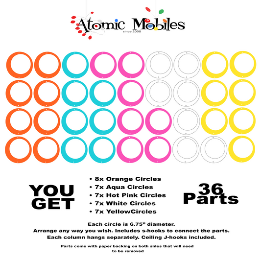 Groovy HIPSTER CIRCLES DIY KIT -- 36 parts of Aqua, White, Yellow, Orange, and Hot Pink to make art mobiles, curtains, room dividers and more by AtomicMobiles.com