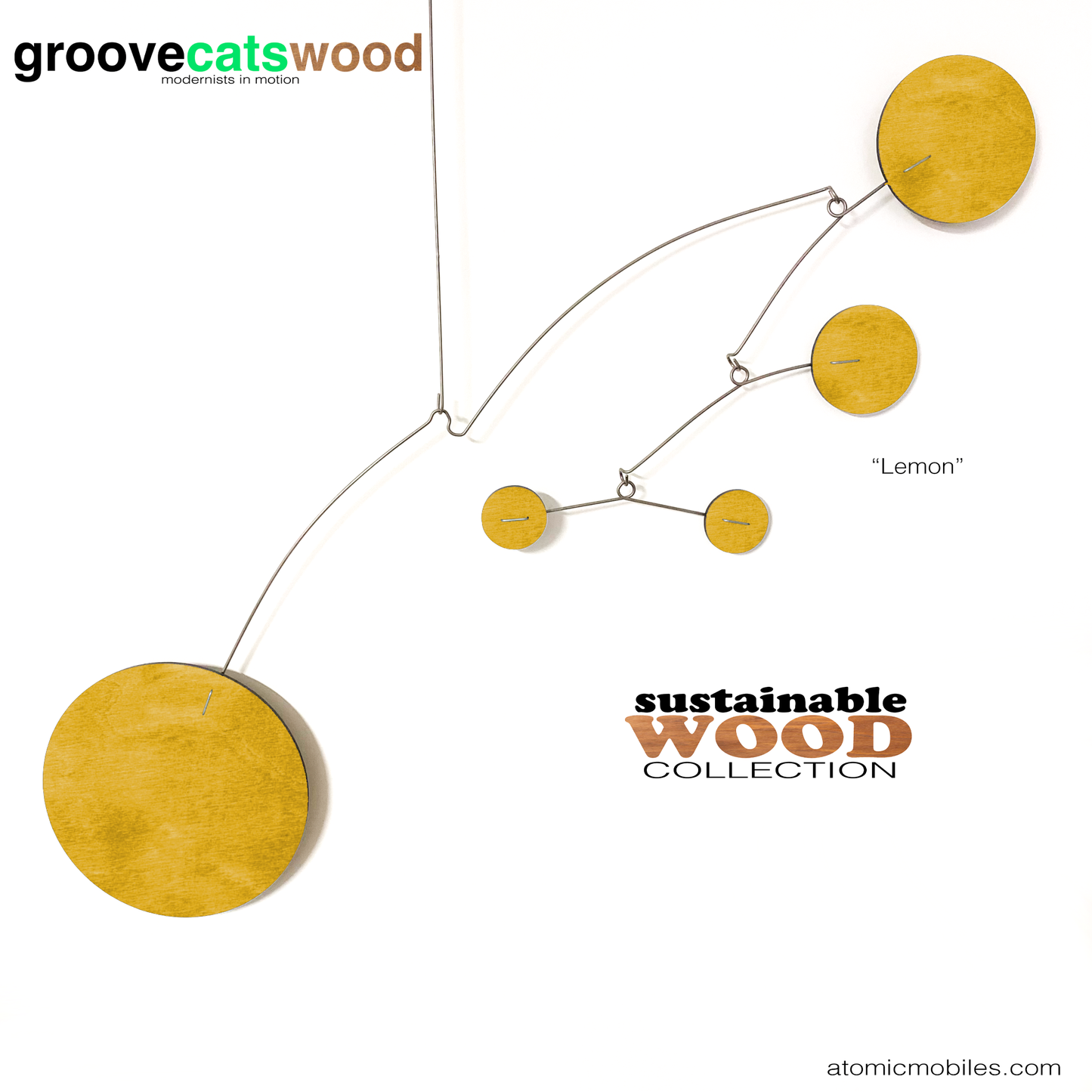 The Moderne hanging art mobile in sustainable wood - shown here in Lemon yellow stained wood - designed and made to order in Los Angeles by AtomicMobiles.com