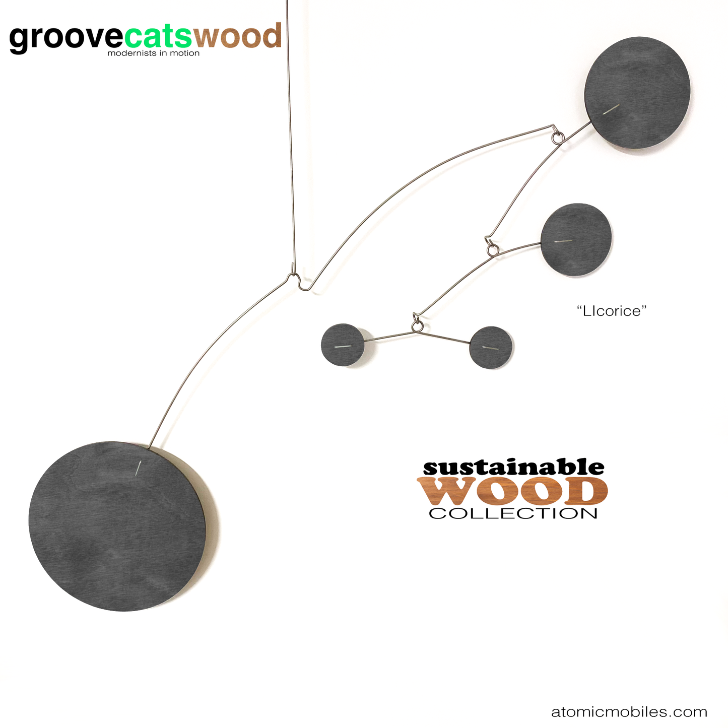 The Moderne hanging art mobile in sustainable wood - shown here in Licorice black stained wood - designed and made to order in Los Angeles by AtomicMobiles.com