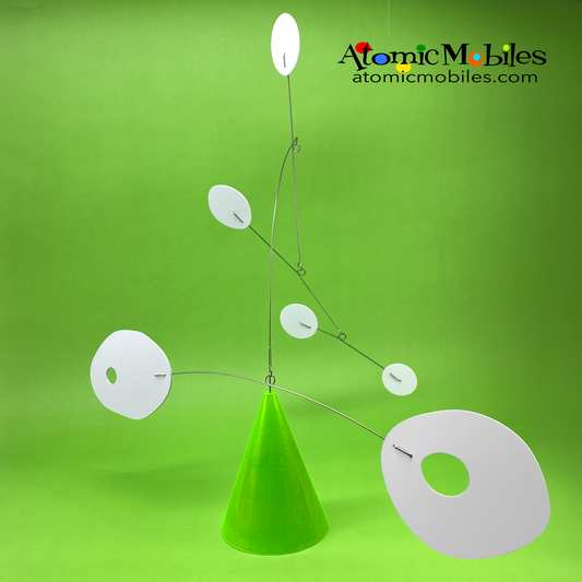 One of a kind unique kinetic modern art sculpture Lime Green and White tabletop mobile - The Stabile - on sale and handmade in Los Angeles by Debra Ann of AtomicMobiles.com