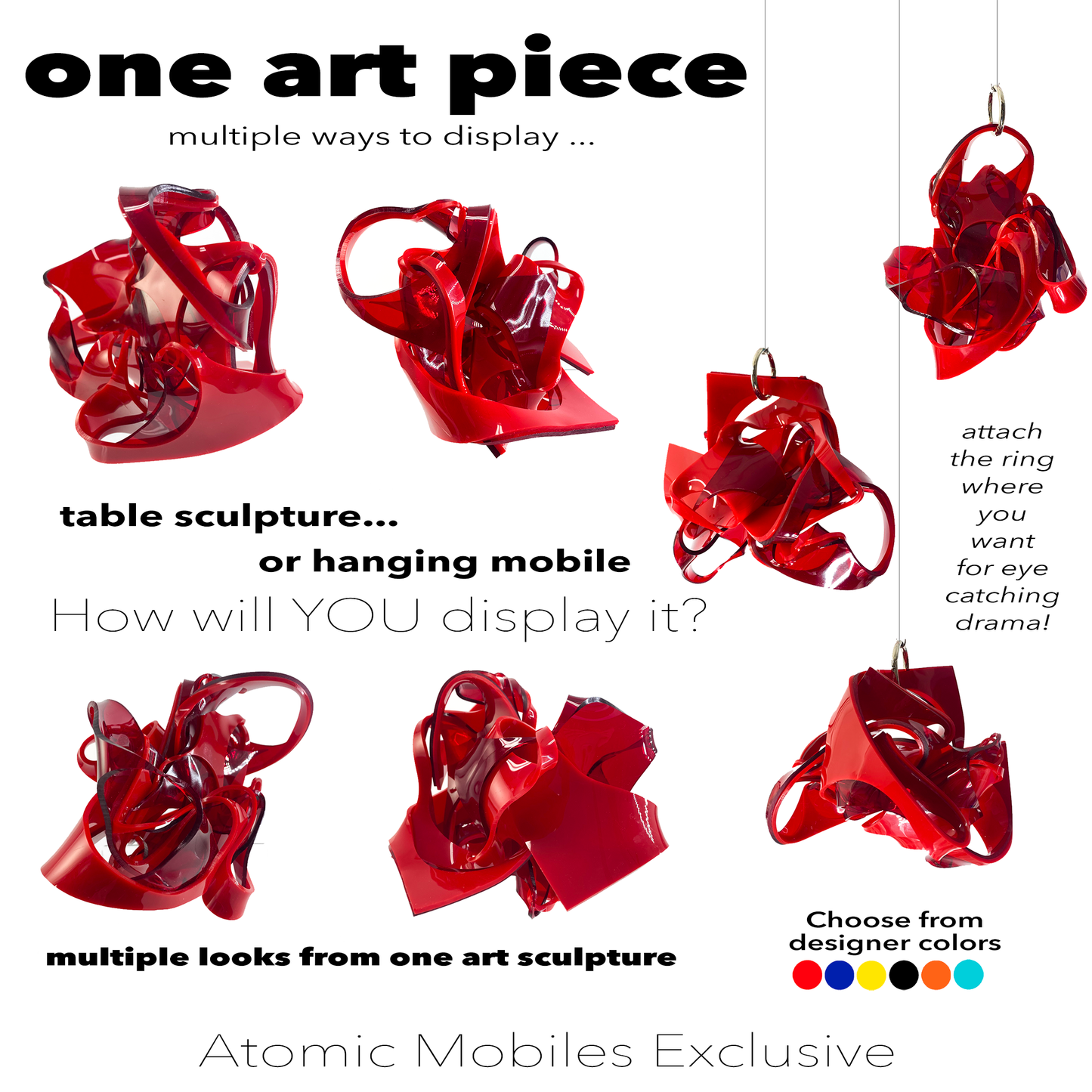 Examples of red Bespoke art sculpture displayed in various ways as a tabletop stabile sculpture or kinetic hanging art mobile by AtomicMobiles.com