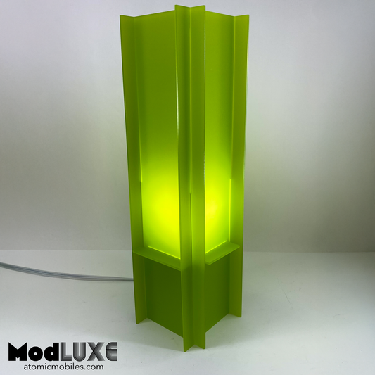 Light turn on - stunning frosty matte lime green modern table art lamp made from acrylic plastic by AtomicMobiles.com