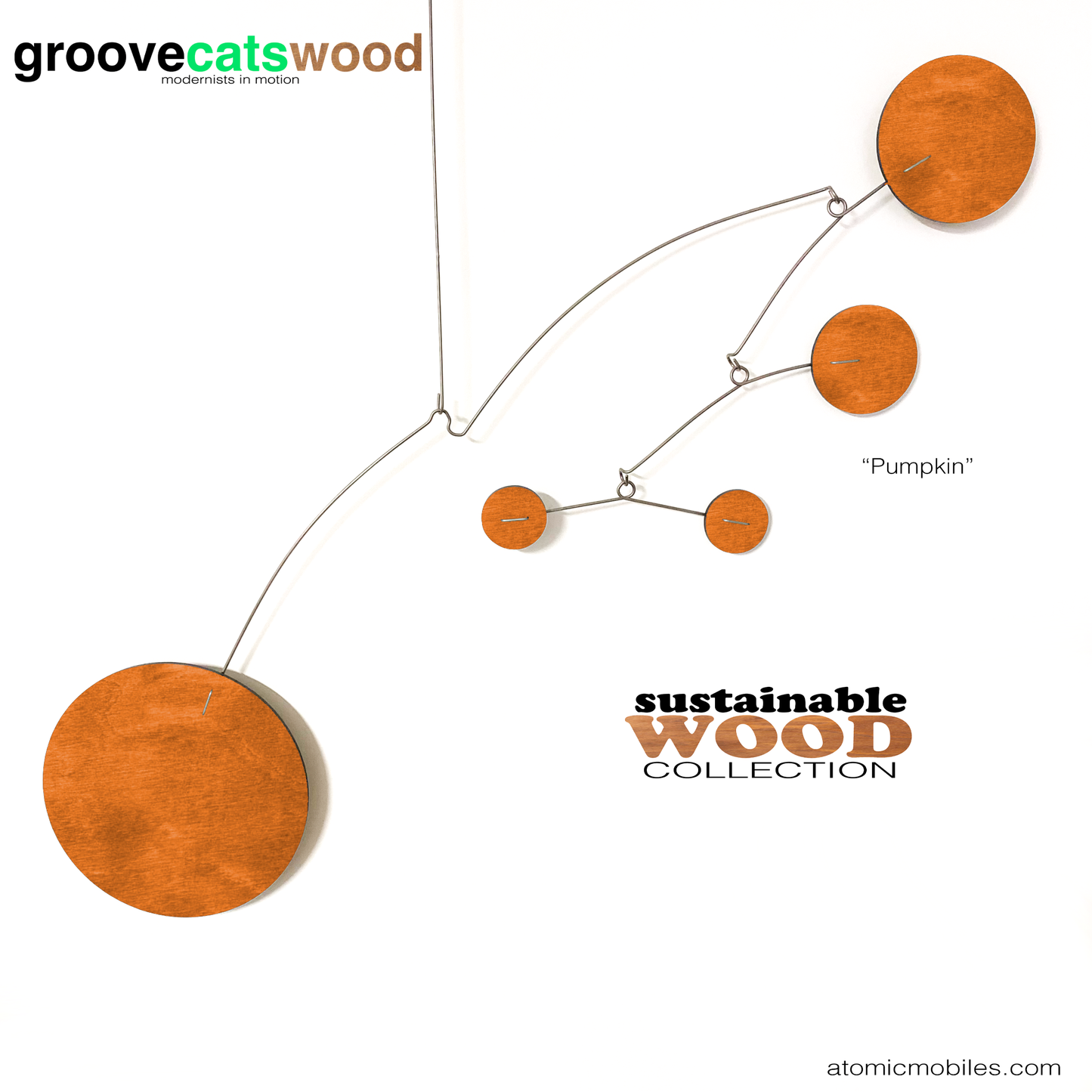 The Moderne hanging art mobile in sustainable wood - shown here in Pumpkin orange stained wood - designed and made to order in Los Angeles by AtomicMobiles.com