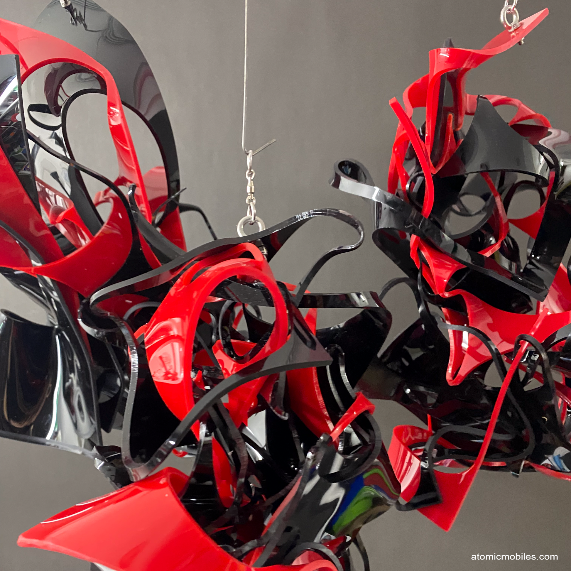 Incredibly unique trio of 3 black and red abstract art mobiles made from plexiglass acrylic - unique one of a kind kinetic art by AtomicMobiles.com