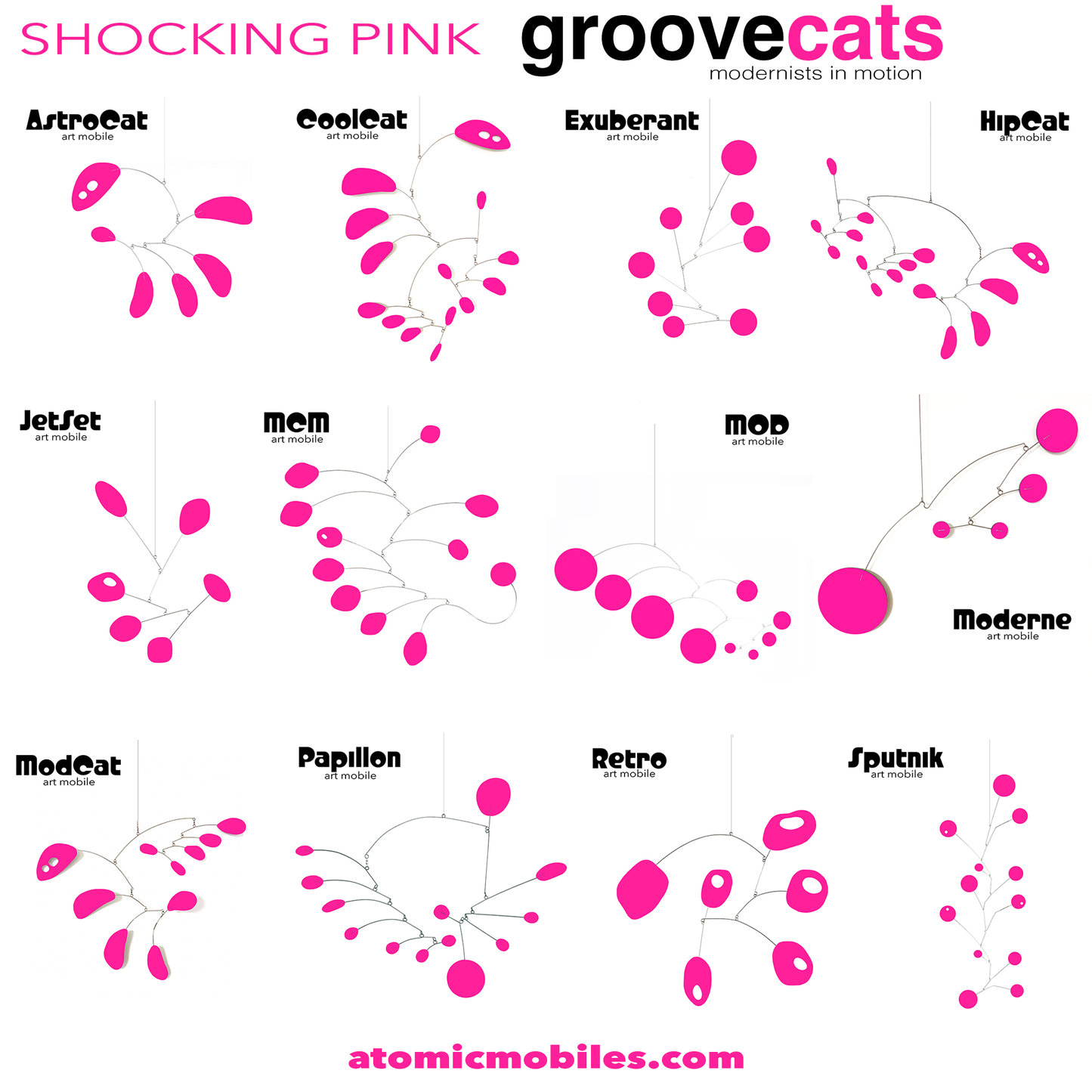 12 kinetic hanging art mobiles in SHOCKING HOT PINK -- MOD mid century modern style for your home decor by AtomicMobiles.com