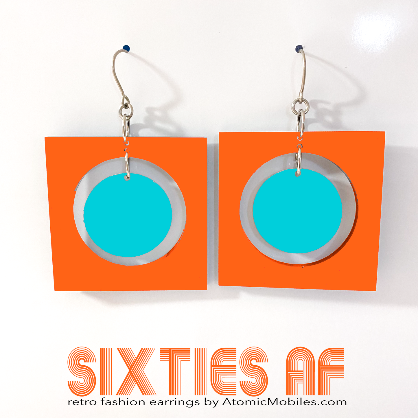 SIXTIES AF groovy retro fashion earrings inspired by the 1960s in orange and aqua - by AtomicMobiles.com