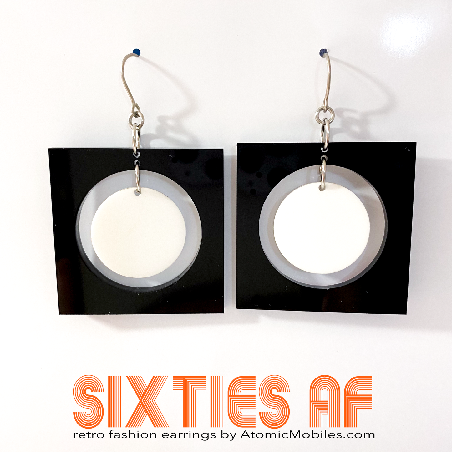 SIXTIES AF groovy retro fashion earrings inspired by the 1960s in black and white - by AtomicMobiles.com