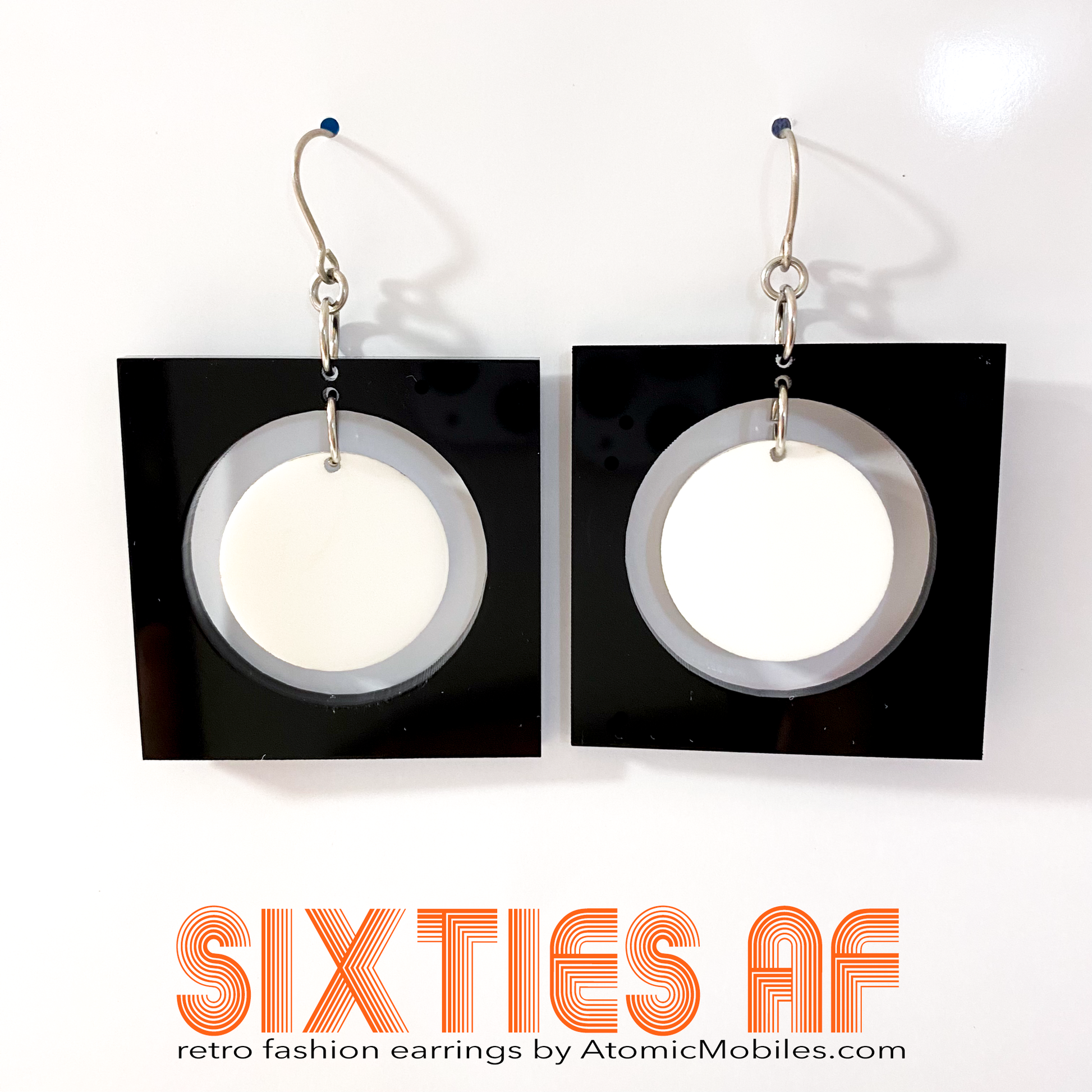 SIXTIES AF groovy retro fashion earrings inspired by the 1960s in black and white - by AtomicMobiles.com