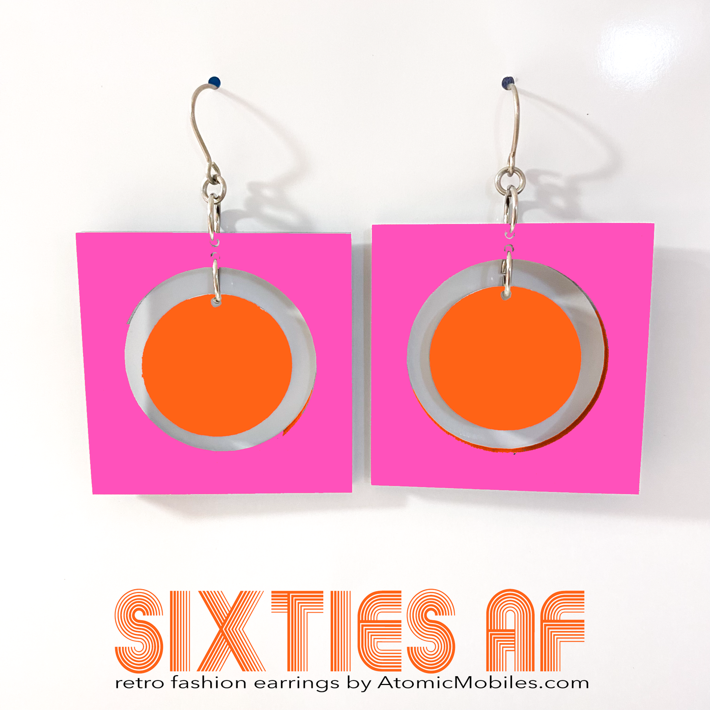 SIXTIES AF groovy retro fashion earrings inspired by the 1960s in hot pink and orange - by AtomicMobiles.com