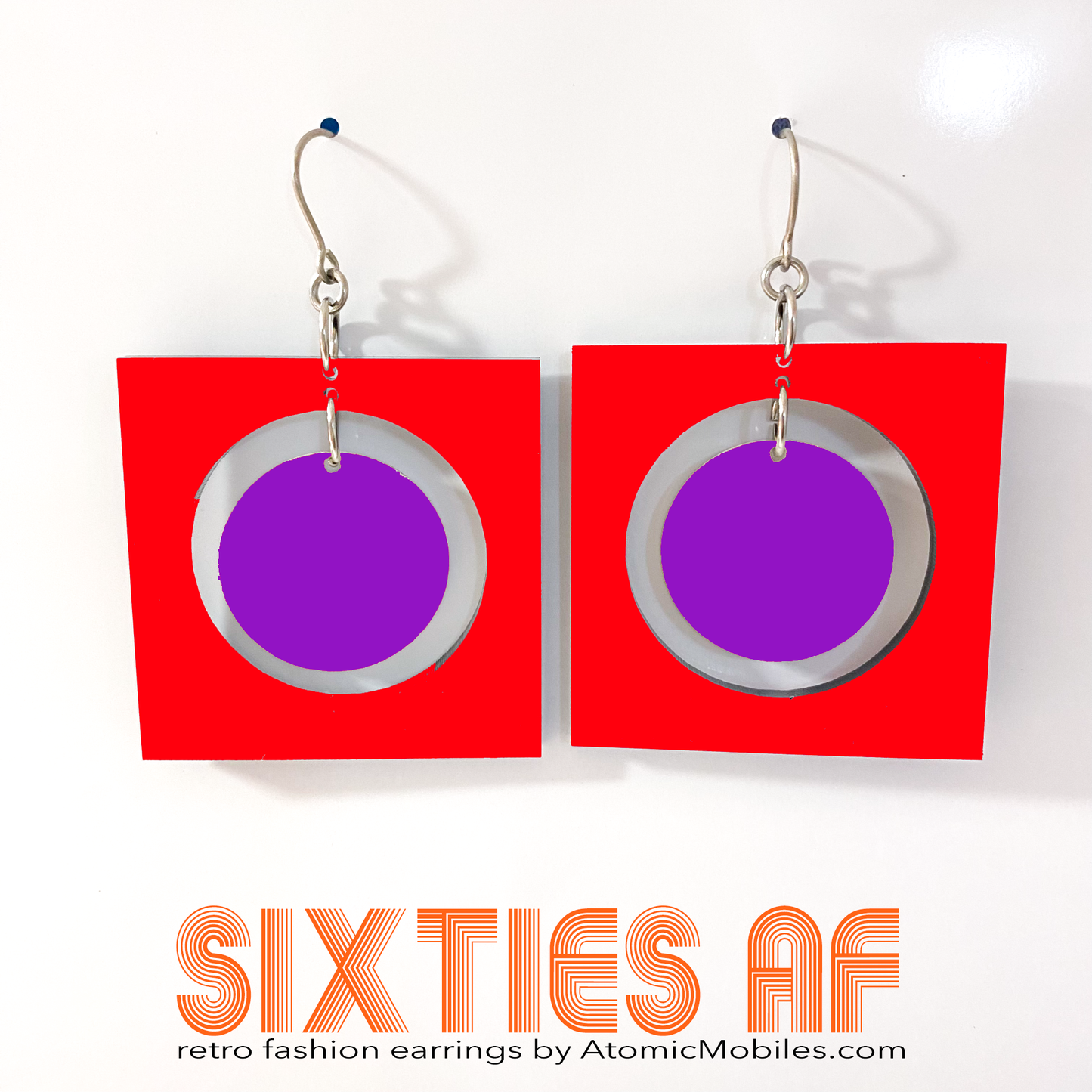 SIXTIES AF groovy retro fashion earrings inspired by the 1960s in red and purple - by AtomicMobiles.com