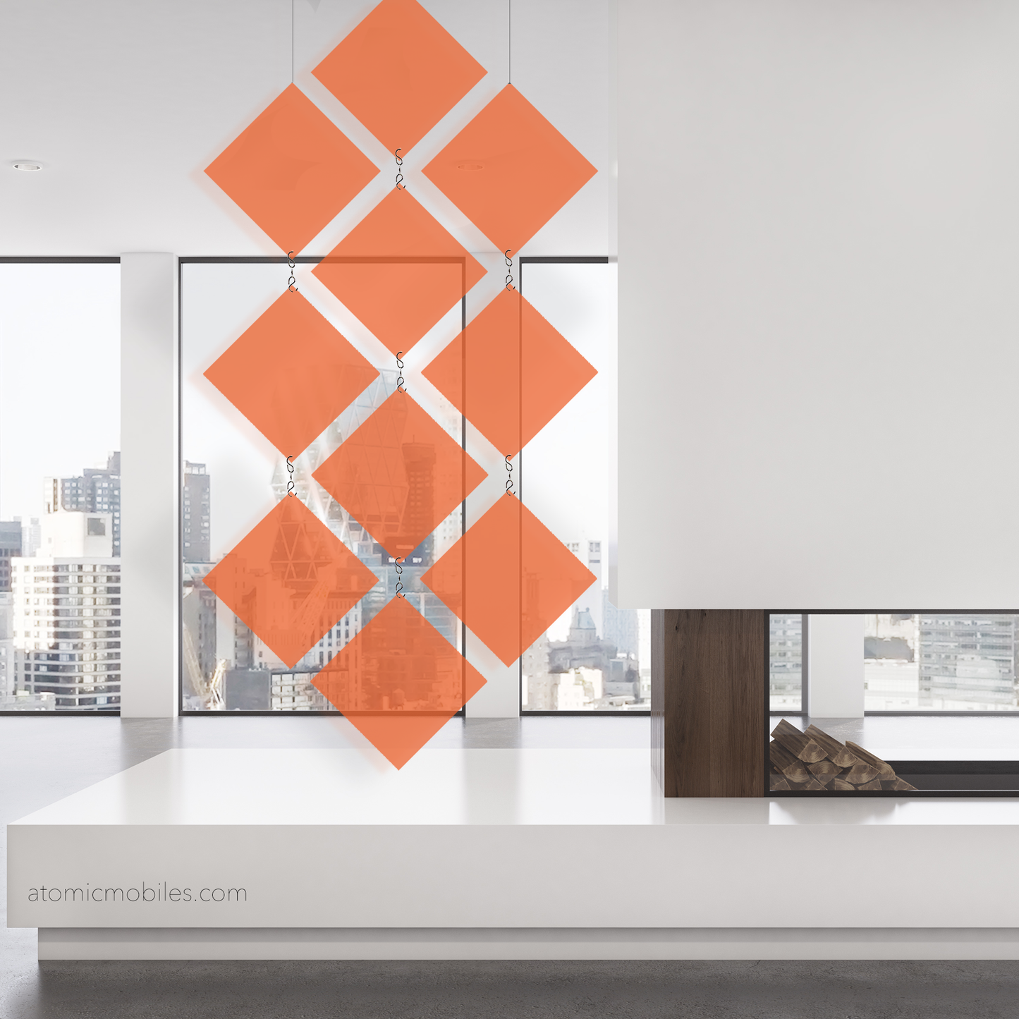 Beautiful MODCast Diamond Pattern Modern Art Mobile in urban city apartment with city views and pass through fireplace - kinetic art by AtomicMobiles.com