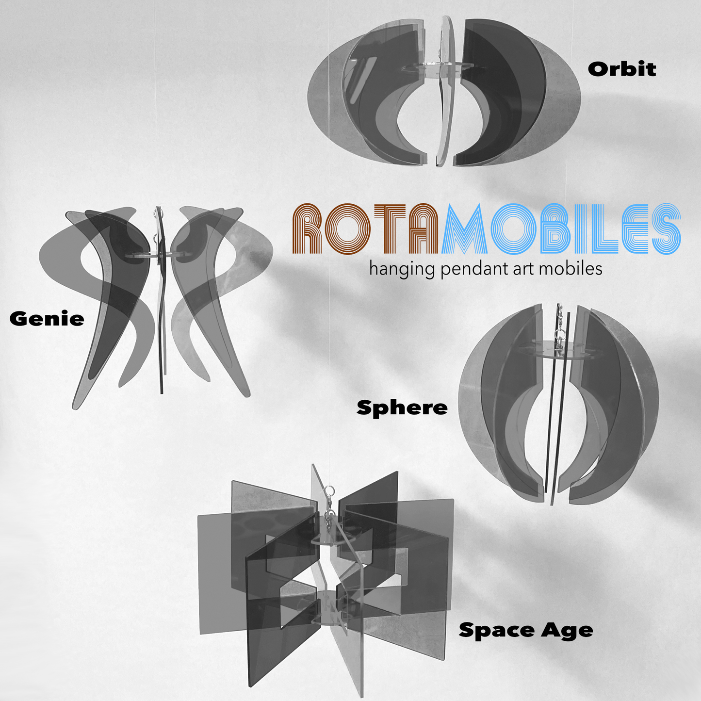 ROTAMOBILES 4 Styles - Orbit, Genie, Space Age, and Sphere - hanging kinetic art mobiles grouping by AtomicMobiles.com