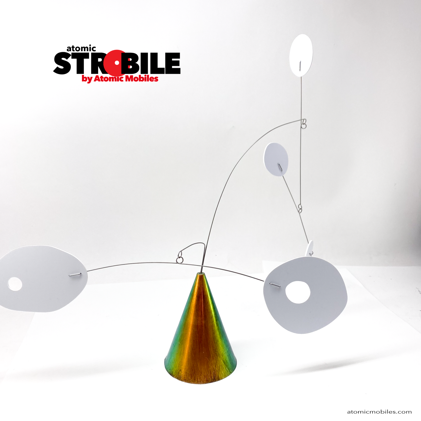Gorgeous PRISM metallic-look base art sculpture - The Strobile Modern Art Tabletop Kinetic Mobile - with white mobile shapes and color changing cone base by AtomicMobiles.com
