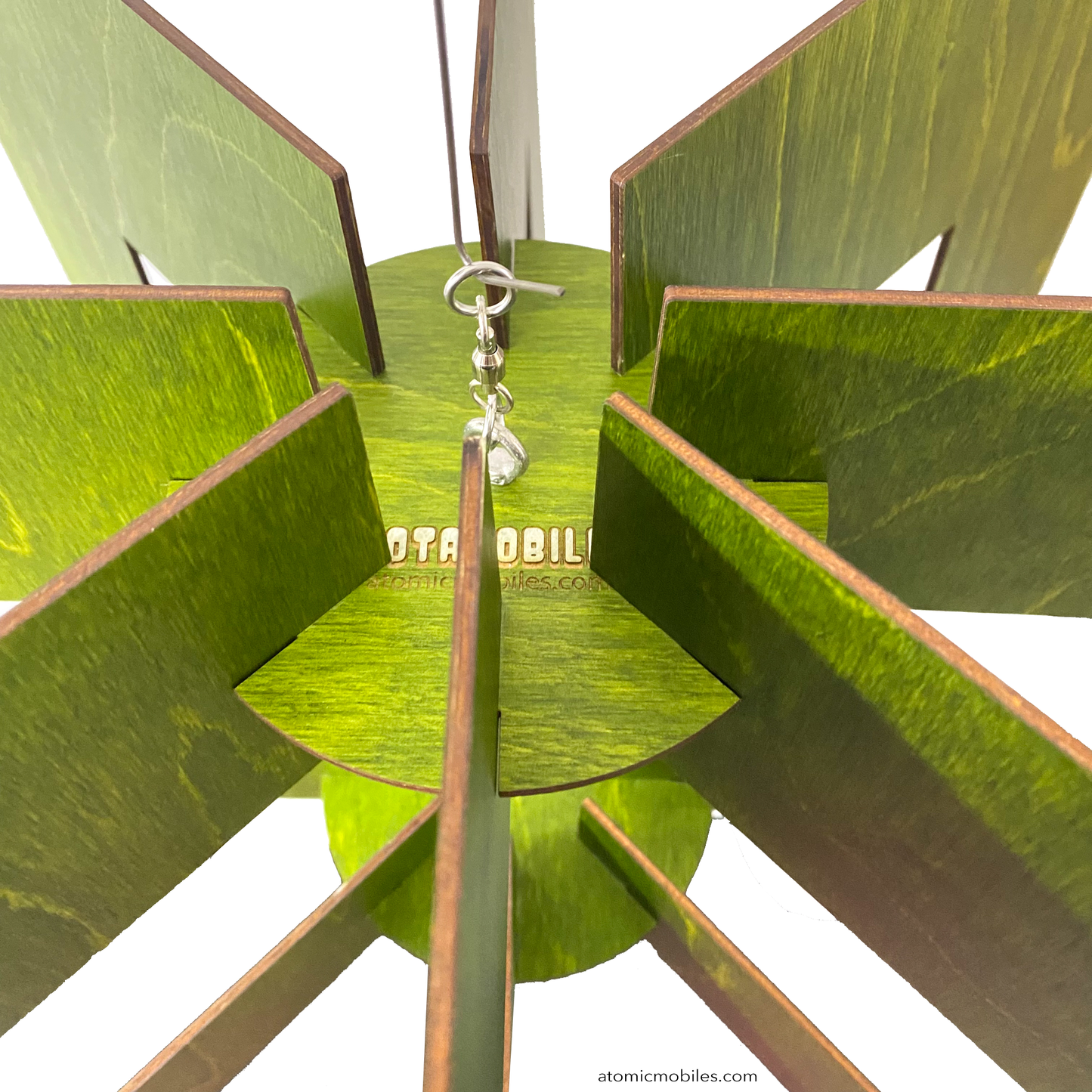 Top view of SPACE AGE kinetic hanging art mobile sculpture in stunning KIWI Green stained wood by AtomicMobiles.com