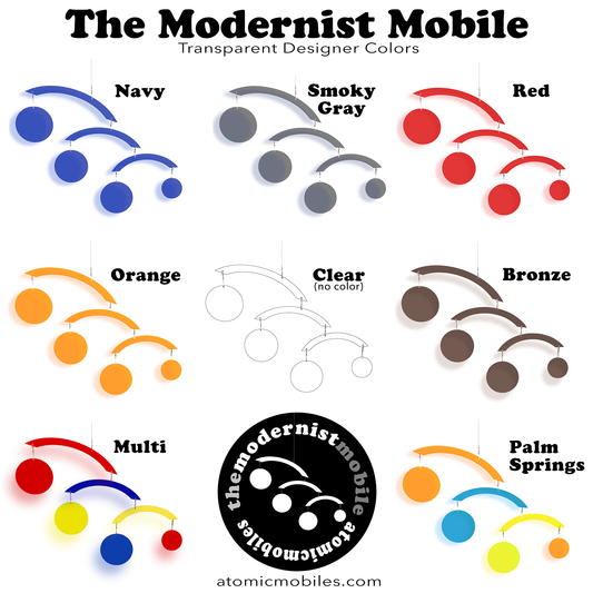 Transparent Designer Colors for The Modernist Mobile in Navy, Smoky Gray, Red, Orange, Clear (no color), Bronze, Multi Red Blue Yellow, and Palm Springs by AtomicMobiles.com