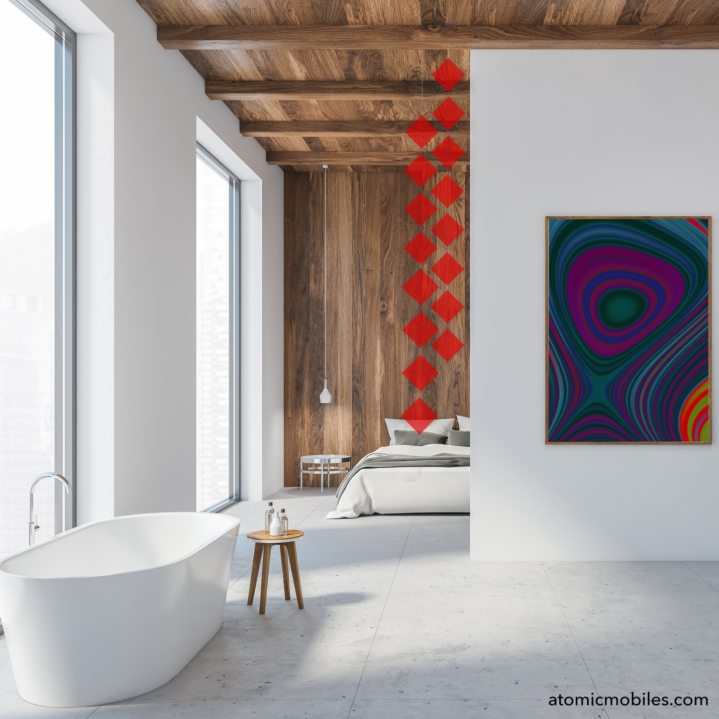 Beautiful Transparent Red MODCast Mini Diamond Hanging Art Mobile hanging in modern bathroom with bathtub, abstract colorful wall art and bedroom in background - mobile by AtomicMobiles.com