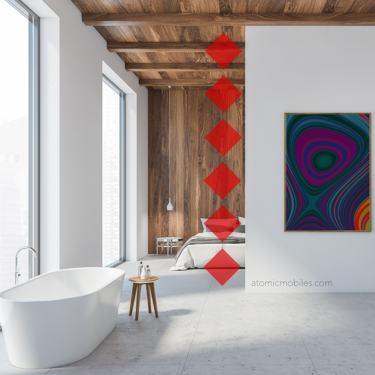 MODCast Diamond Pattern Modern Art Mobile in transparent red in modern bathroom with bedroom in background - kinetic mobiles by AtomicMobiles.com