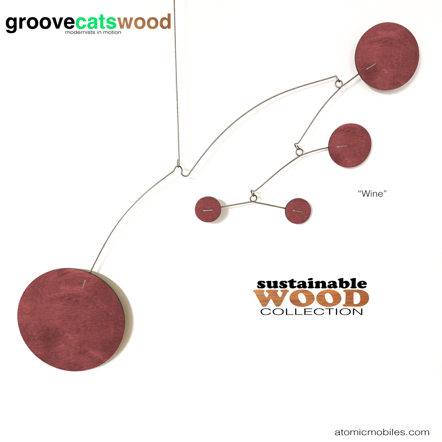 The Moderne hanging art mobile in sustainable wood - shown here in Wine redish brown stained wood - designed and made to order in Los Angeles by AtomicMobiles.com