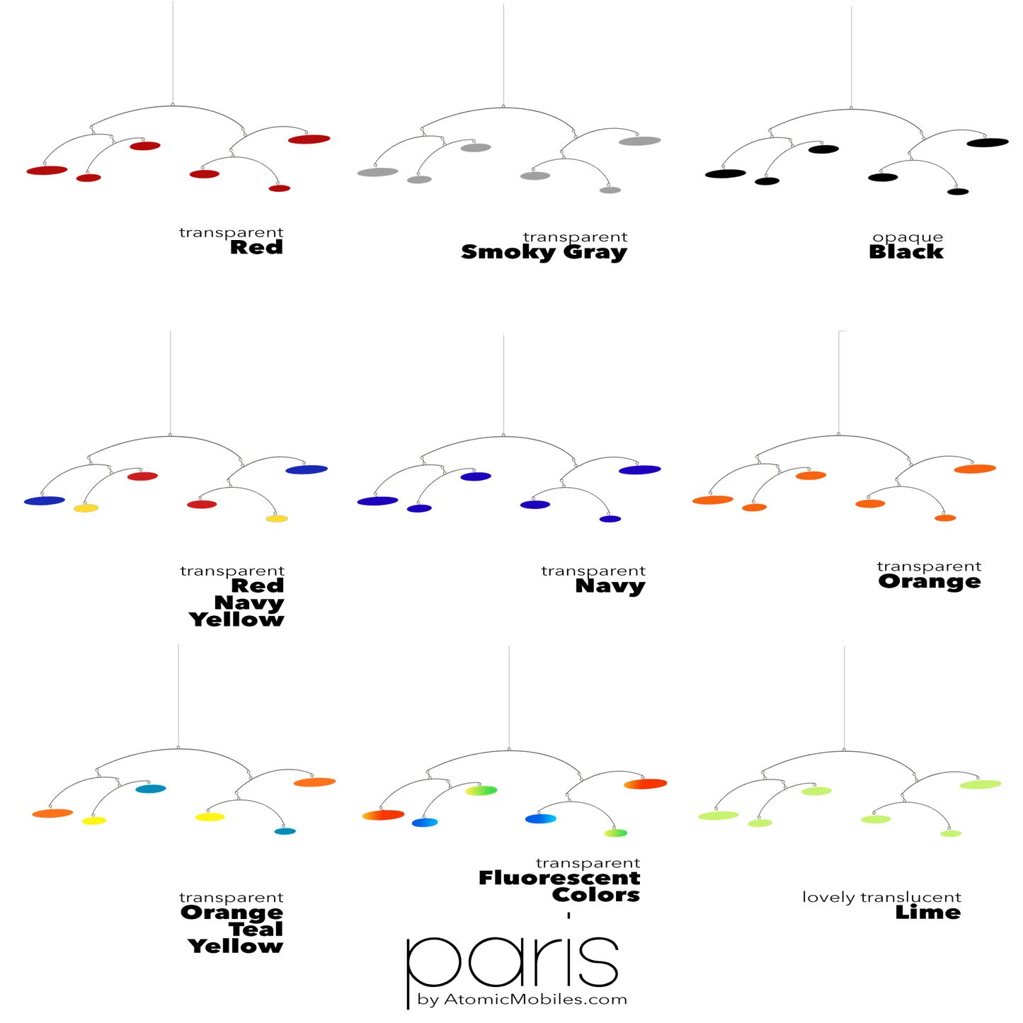 PARIS Hanging Art Mobile in 9 Designer Colors - Red, Smoky Gray, Black, Multi Red/Navy/Yellow, Navy, Orange, Orange/Teal/Yellow, Fluorescent Colors and Lime - by AtomicMobiles.com