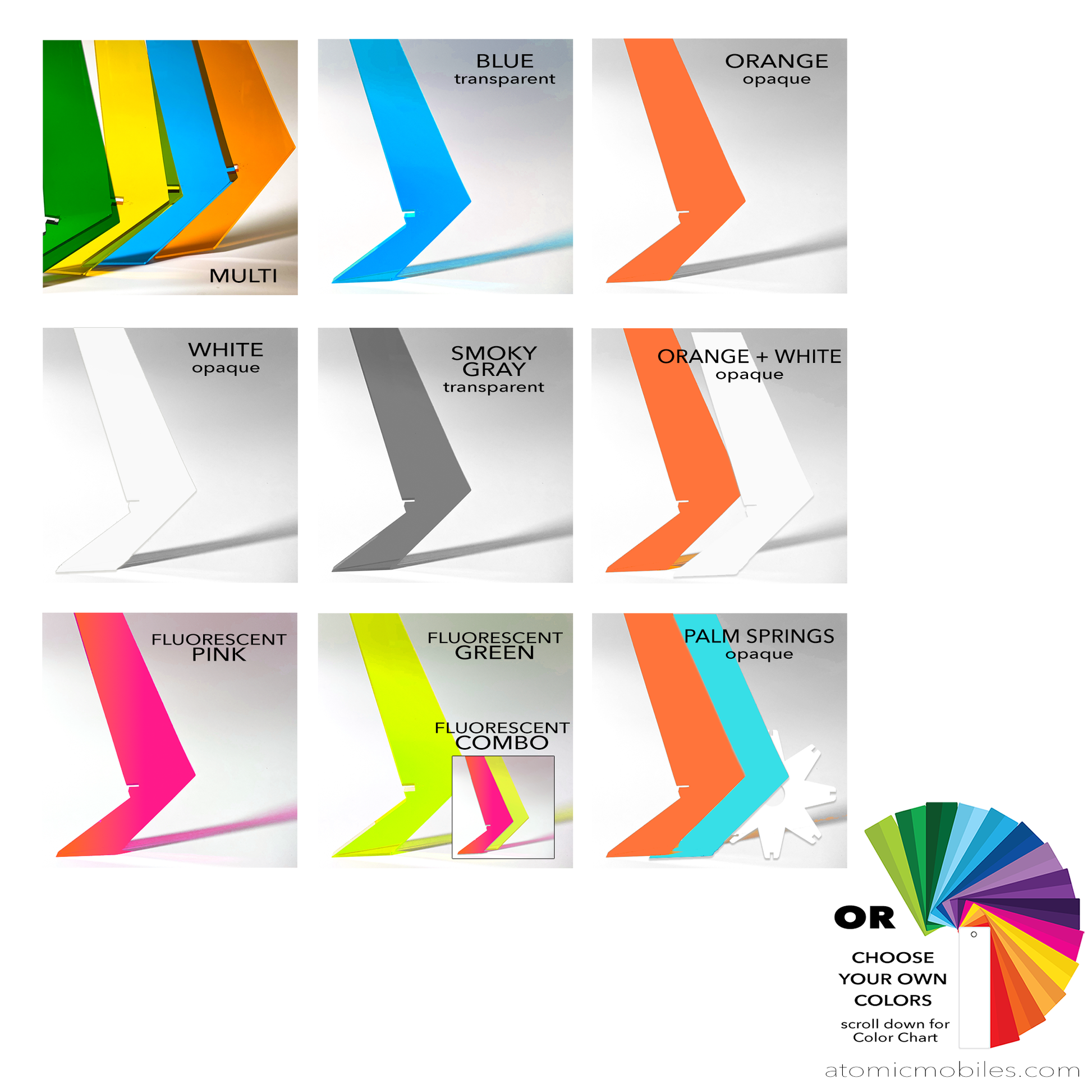 Color options for ASTROLUMA 1971 Space Age Mid Century Modern Retro table lamps - 35 beautiful plexiglass acrylic colors for custom colors - lighting made in Los Angeles, California by AtomicMobiles.com