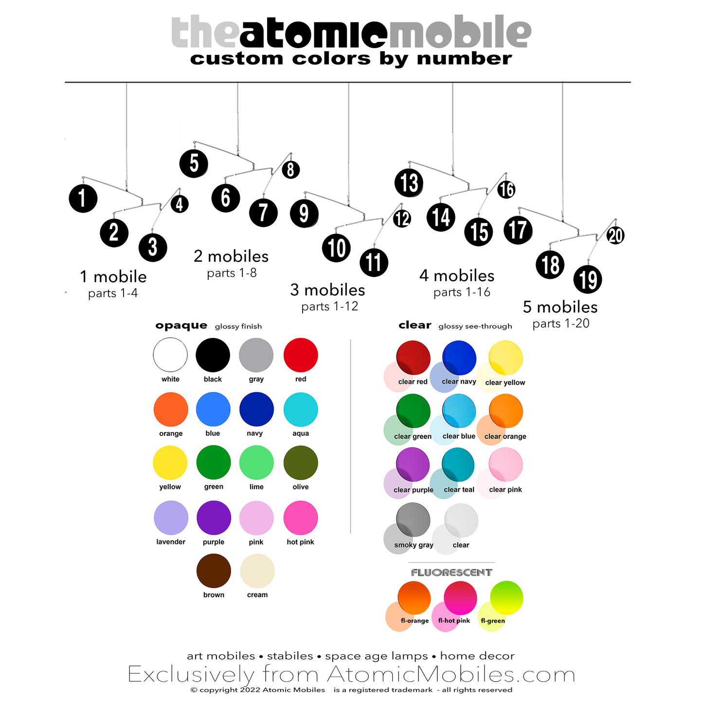 Color Chart for The Atomic Mobile - 33 beautiful acrylic plexiglass colors - kinetic retro mid century modern hanging art mobiles by AtomicMobiles.com