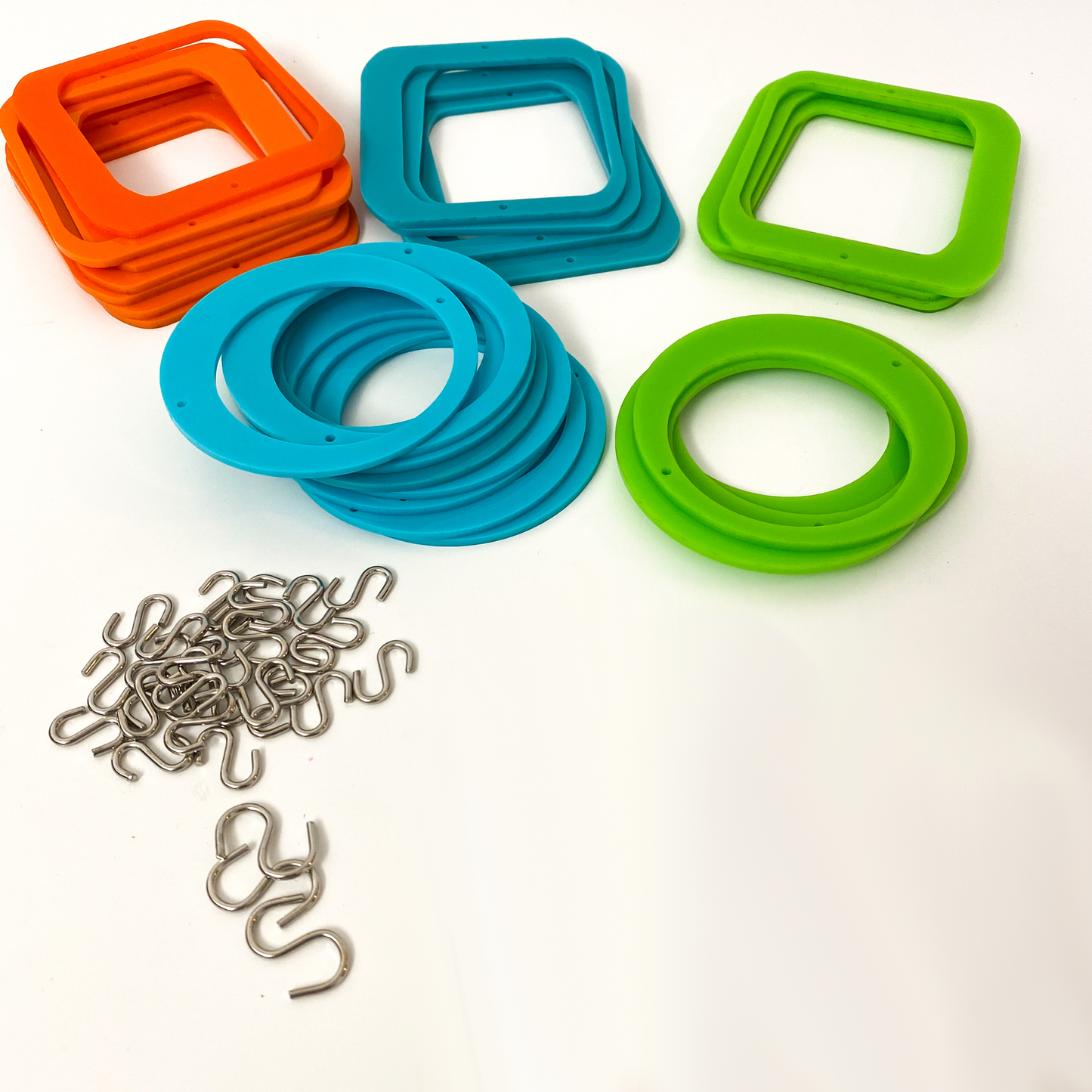 Parts with s-hooks to make Palm Springs DIY Mobile Kit in Orange, Aqua Blue, and Lime Green to make mobiles, curtains, room dividers and more - by AtomicMobiles.com