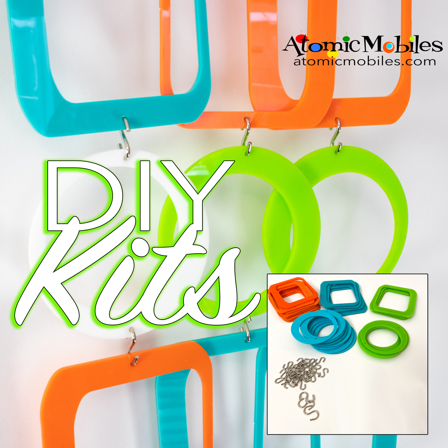 Palm Springs DIY Mobile Kit in Orange, Aqua Blue, and Lime Green to make mobiles, curtains, room dividers and more - by AtomicMobiles.com