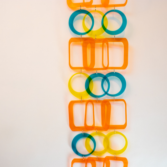 Beautiful DIY Kit to make mobile, room divider, window treatment, or wall art in clear orange, teal, yellow by AtomicMobiles.com