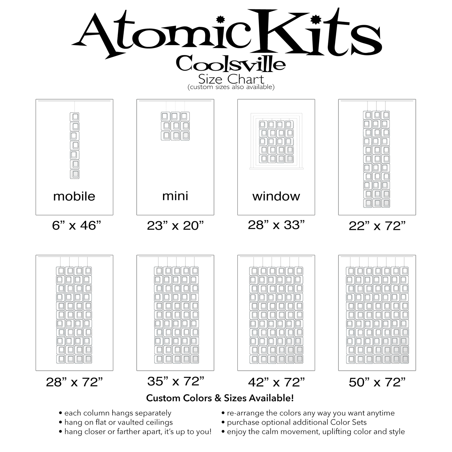 Size Chart for Coolsville DIY KIT for mobiles, room dividers, and curtains in Clear Lucite Acrylic by AtomicMobiles.com
