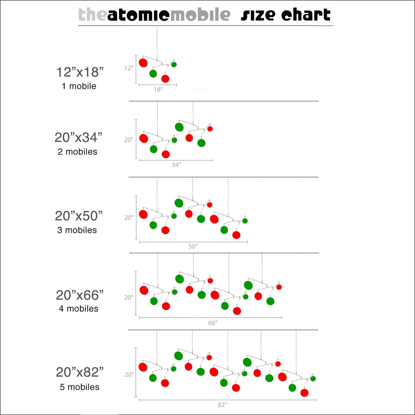 Size Chart for The Atomic Mobile - hanging art mobiles in festive Christmas colors of red and green by AtomicMobiles.com