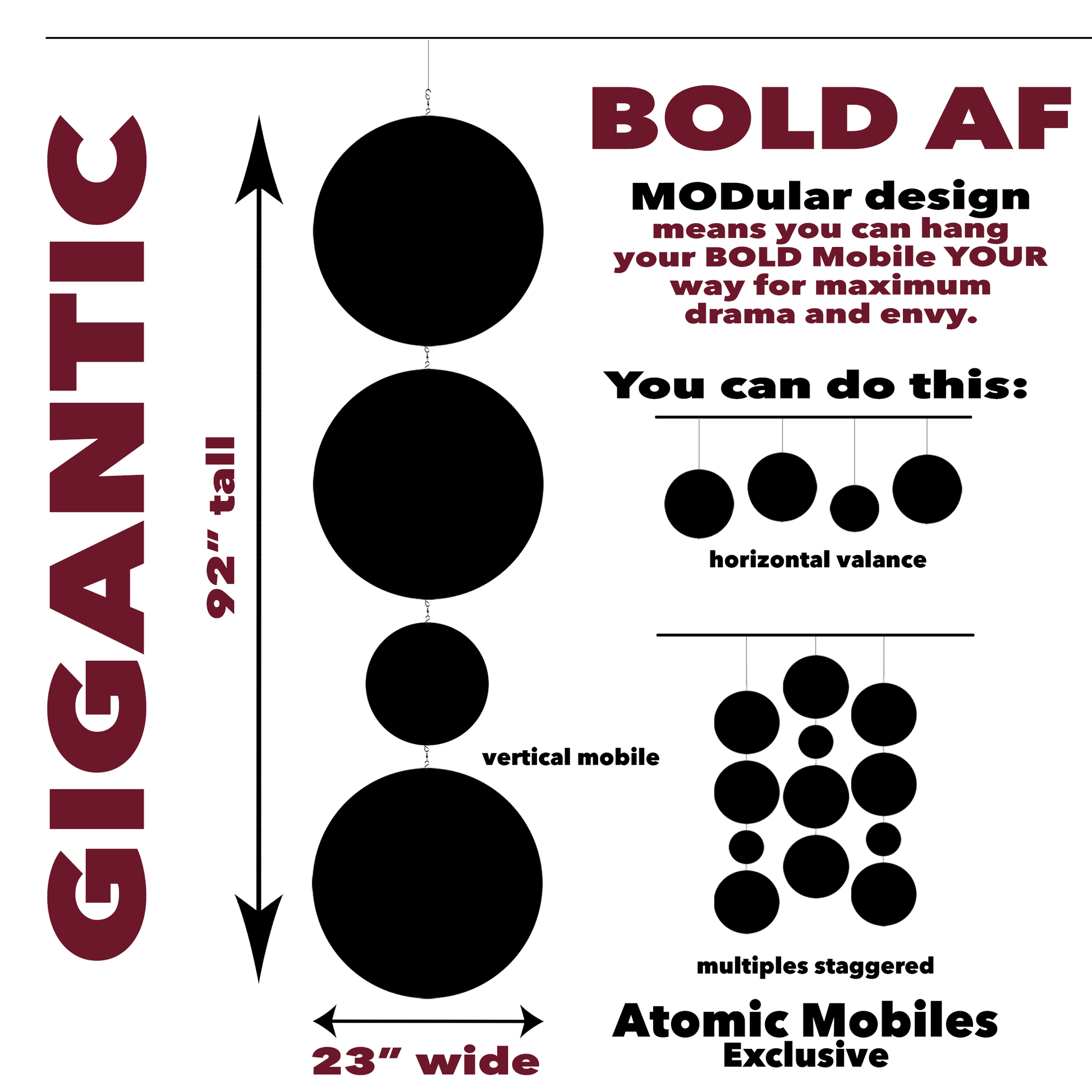 Idea graphic for GIGANTIC BOLD AF 92 inch tall hanging kinetic art mobiles by AtomicMobiles.com