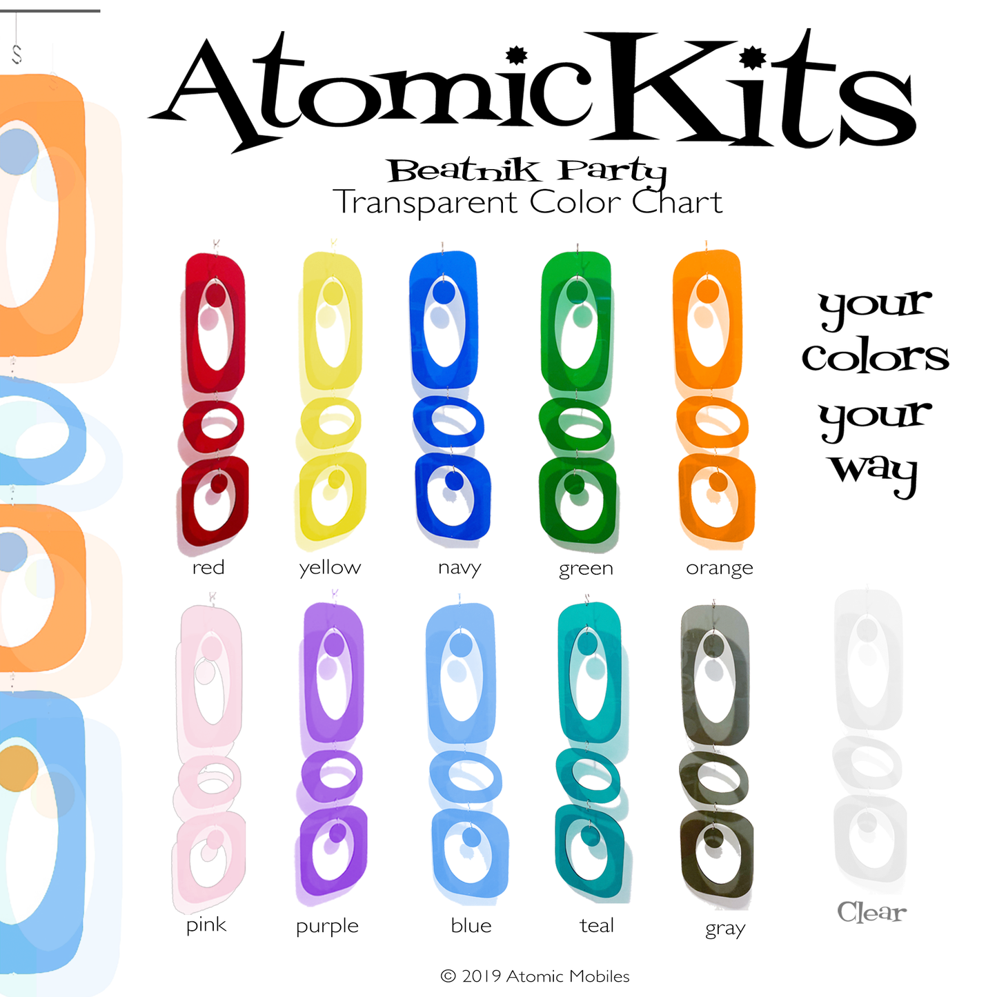 Transparent Color Chart for Beatnik Party Gorgeous Clear Color Chart for Atomic Kits Parts reflecting against the wall - room dividers, curtains, and art mobiles by AtomicMobiles.com