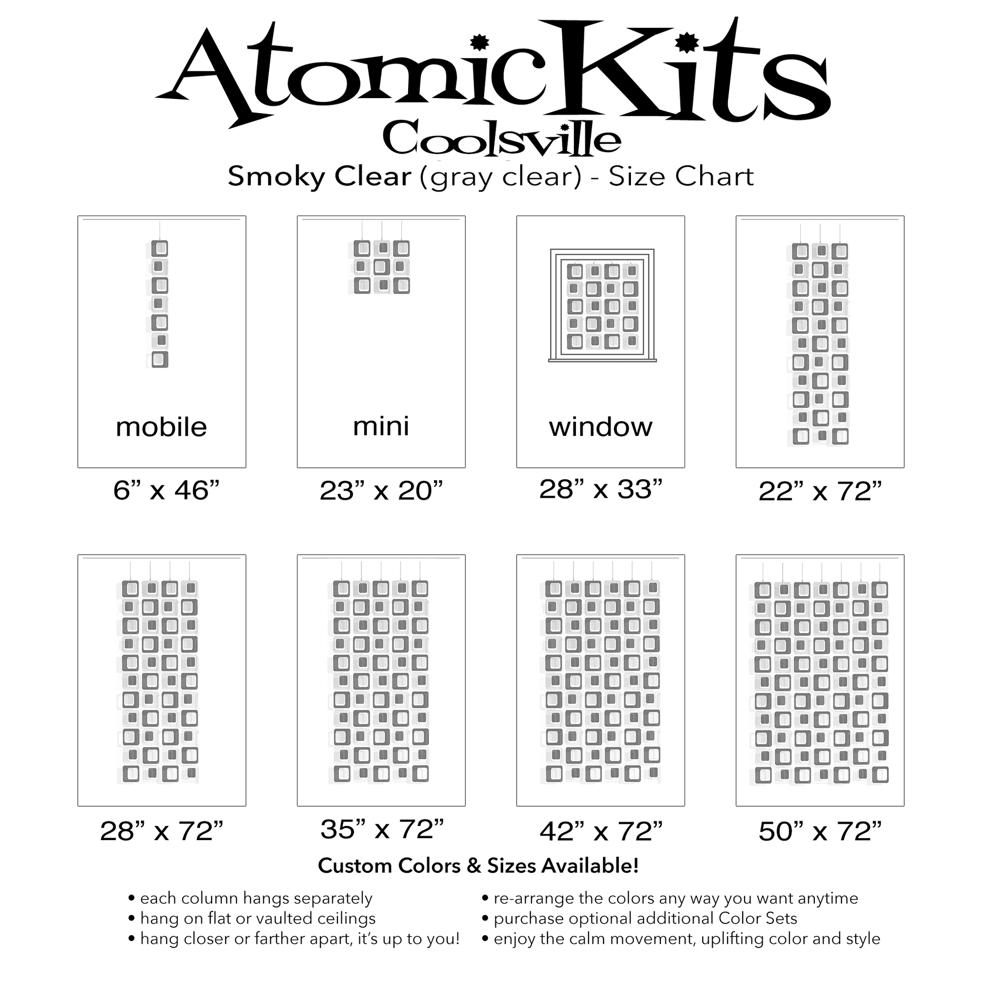 Size Chart for DIY Kits - Clear and Smoky Gray Coolsville Reflective Room Divider, Curtain, Partition, Wall Art, Mobile by AtomicMobiles.com
