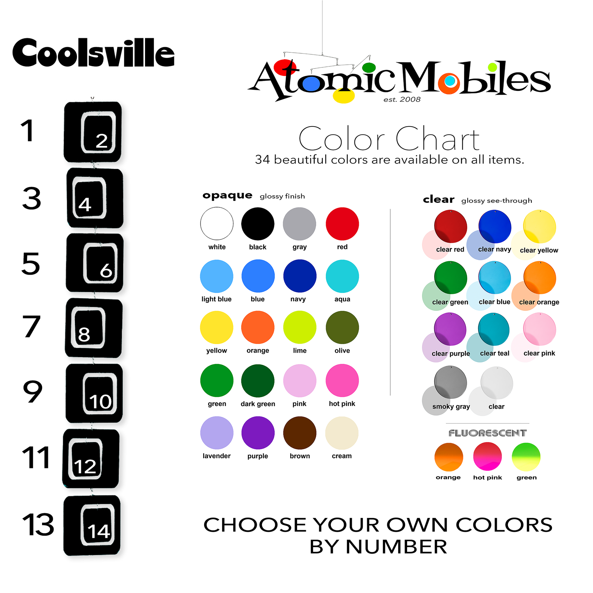 Color Chart for Coolsville Vertical Hanging Art Mobiles by AtomicMobiles.com