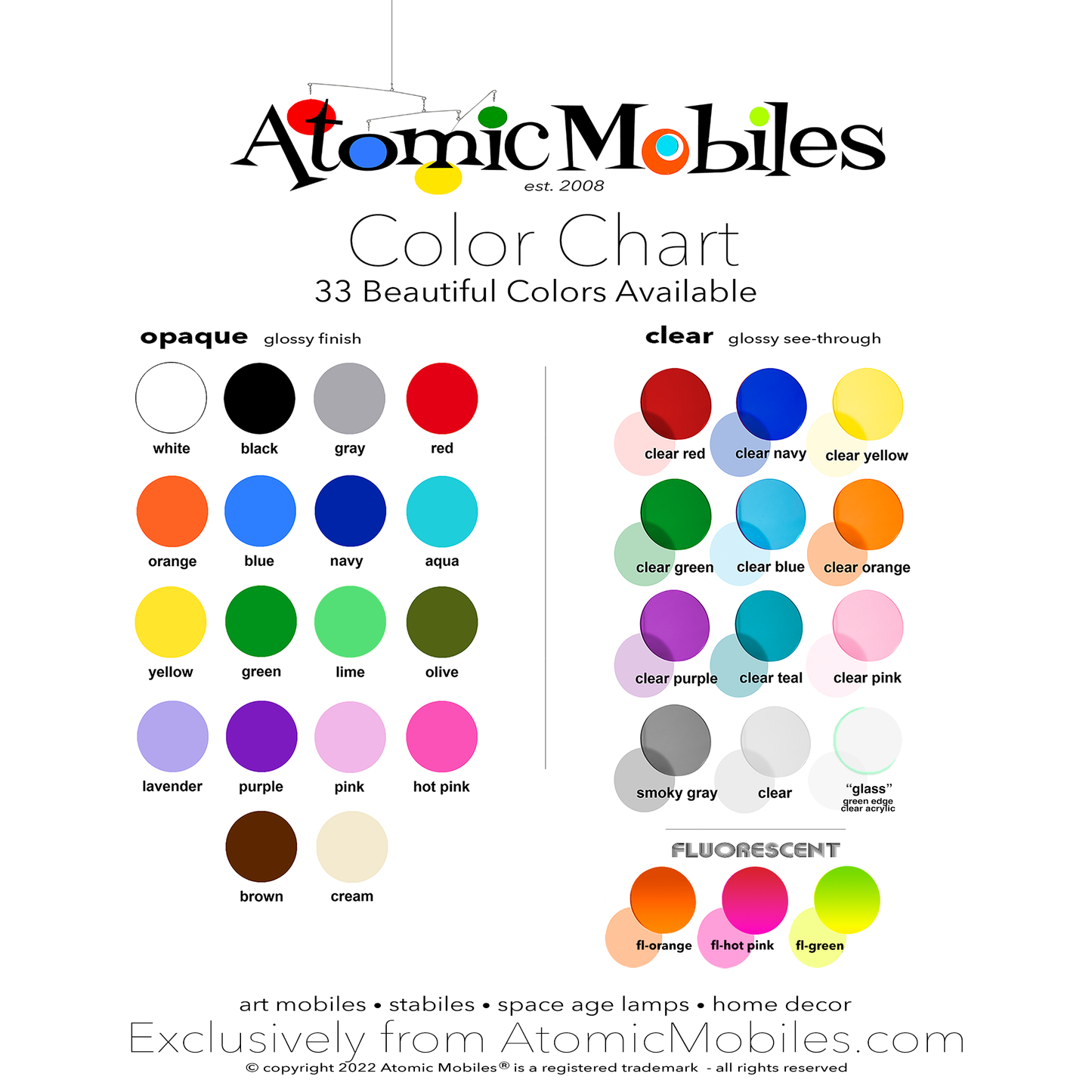 Order sample swatches of 33 beautiful vibrant colors to choose from for your Atomic Mobiles modern kinetic hanging art pieces by AtomicMobiles.com