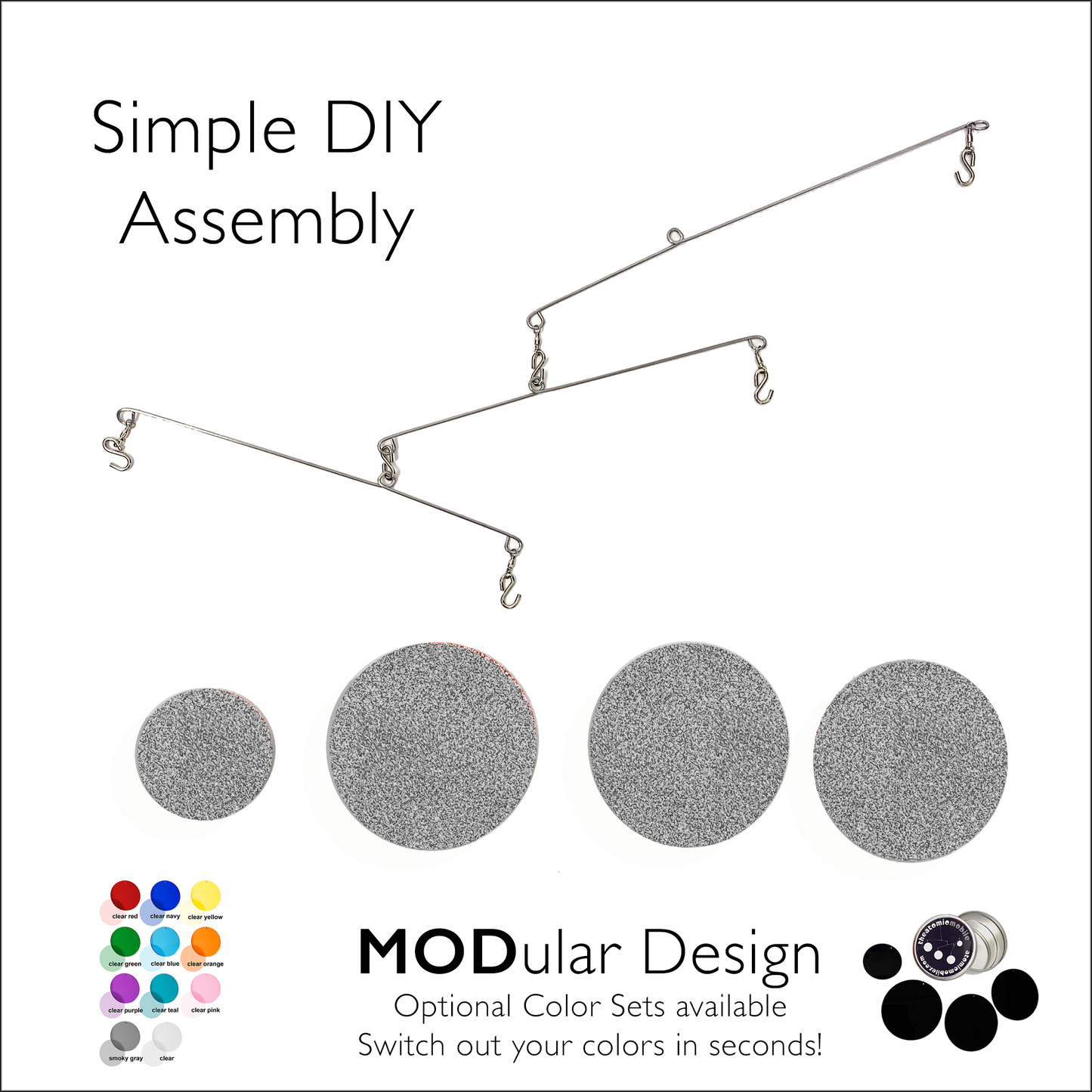 Silver Glitter Atomic Mobiles unassembled - kinetic hanging art mobiles by AtomicMobiles.com