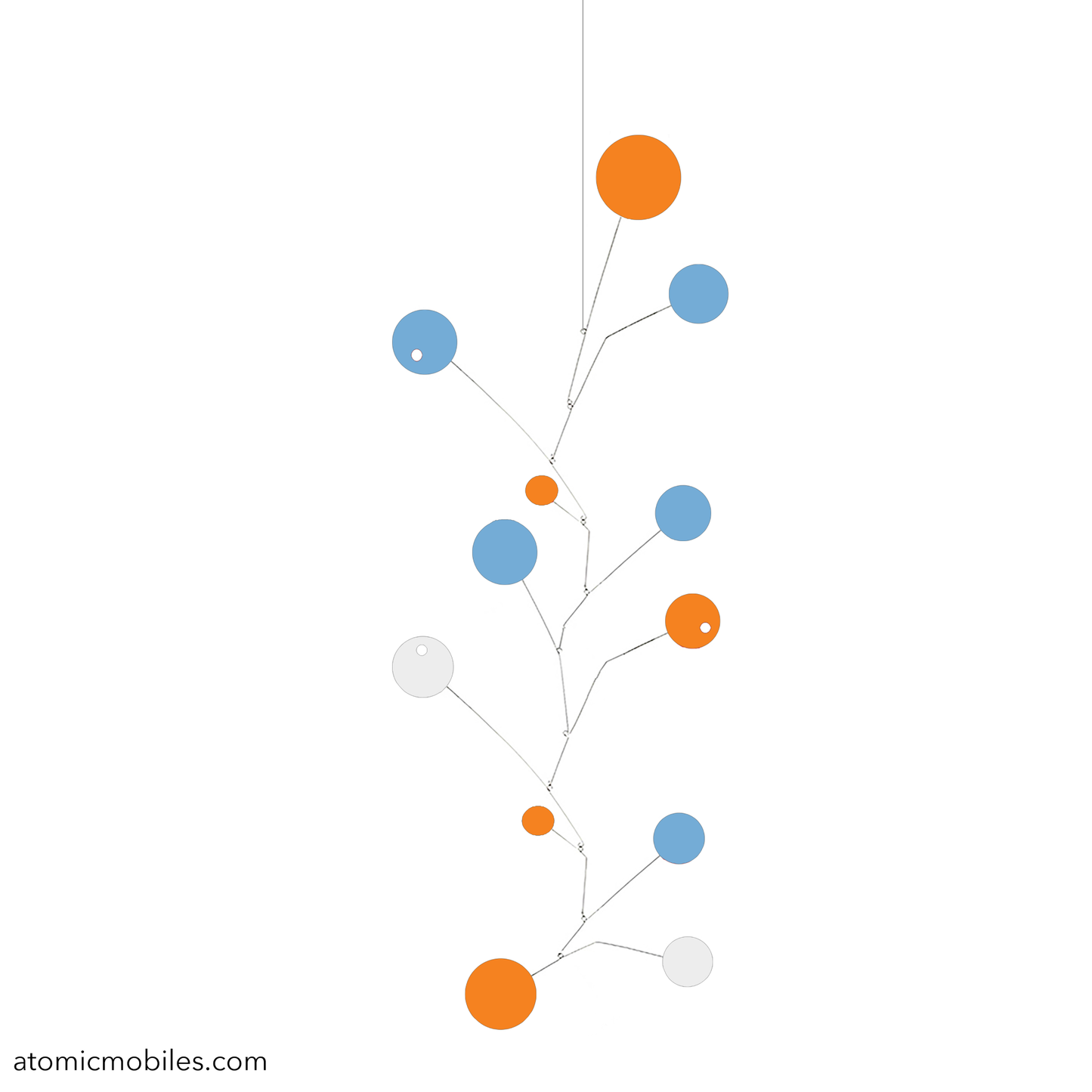 SPUTNIK Modernism Art Mobile in Tangerine Orange, Periwinkle Blue, and White - mid century modern atomic era kinetic art made to order in Los Angeles by AtomicMobiles.com