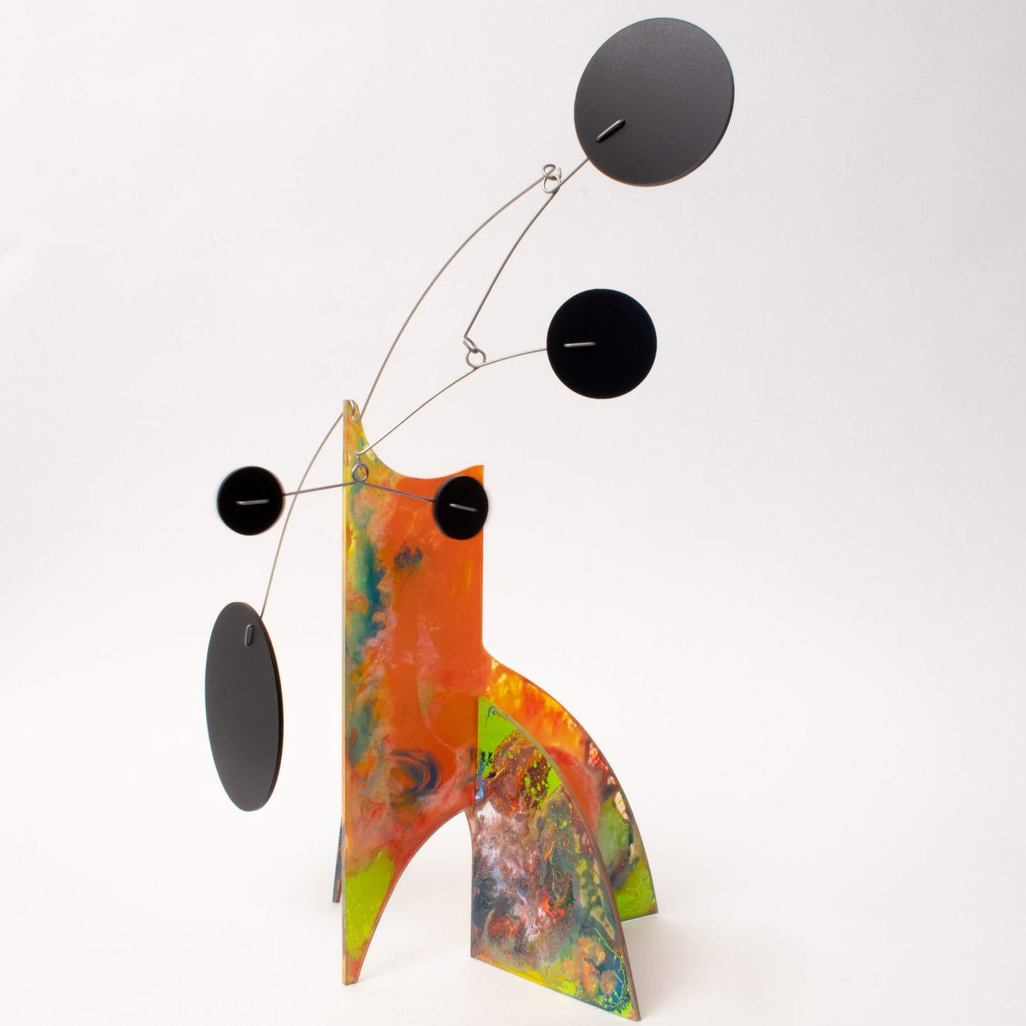 Another view of colorful abstract kinetic art stabile - hand painted one of a kind - modern sculpture by AtomicMobiles.com