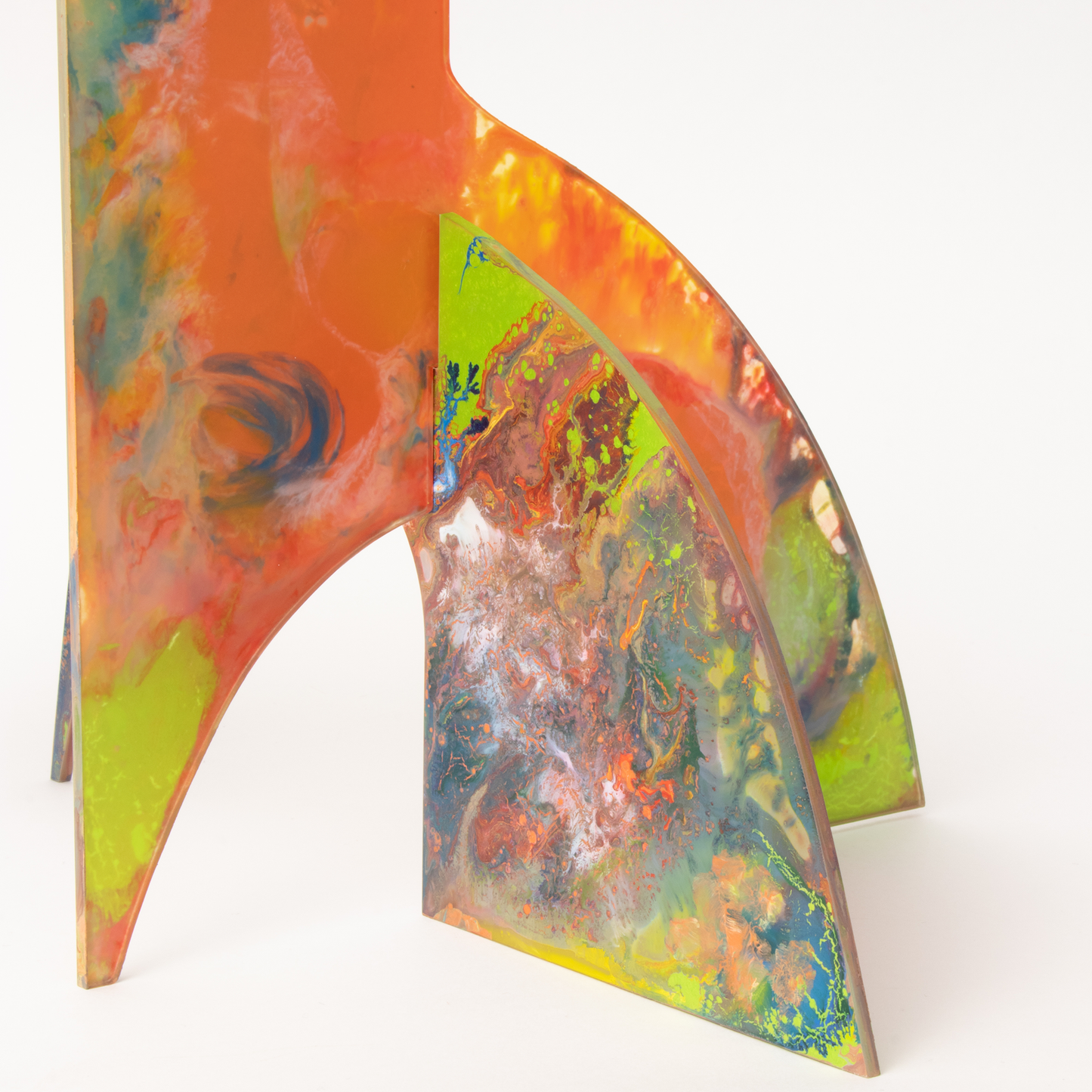 Closeup of colorful abstract kinetic art stabile - hand painted one of a kind - modern sculpture by AtomicMobiles.com