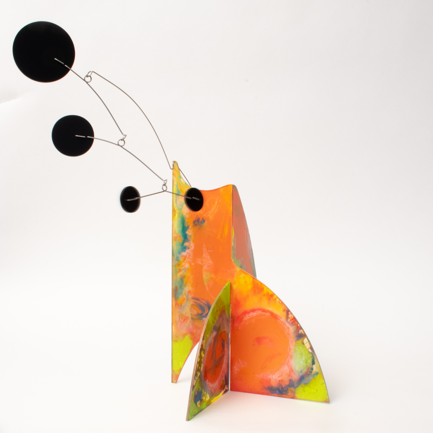 View of colorful abstract kinetic art stabile - hand painted one of a kind - modern sculpture by AtomicMobiles.com