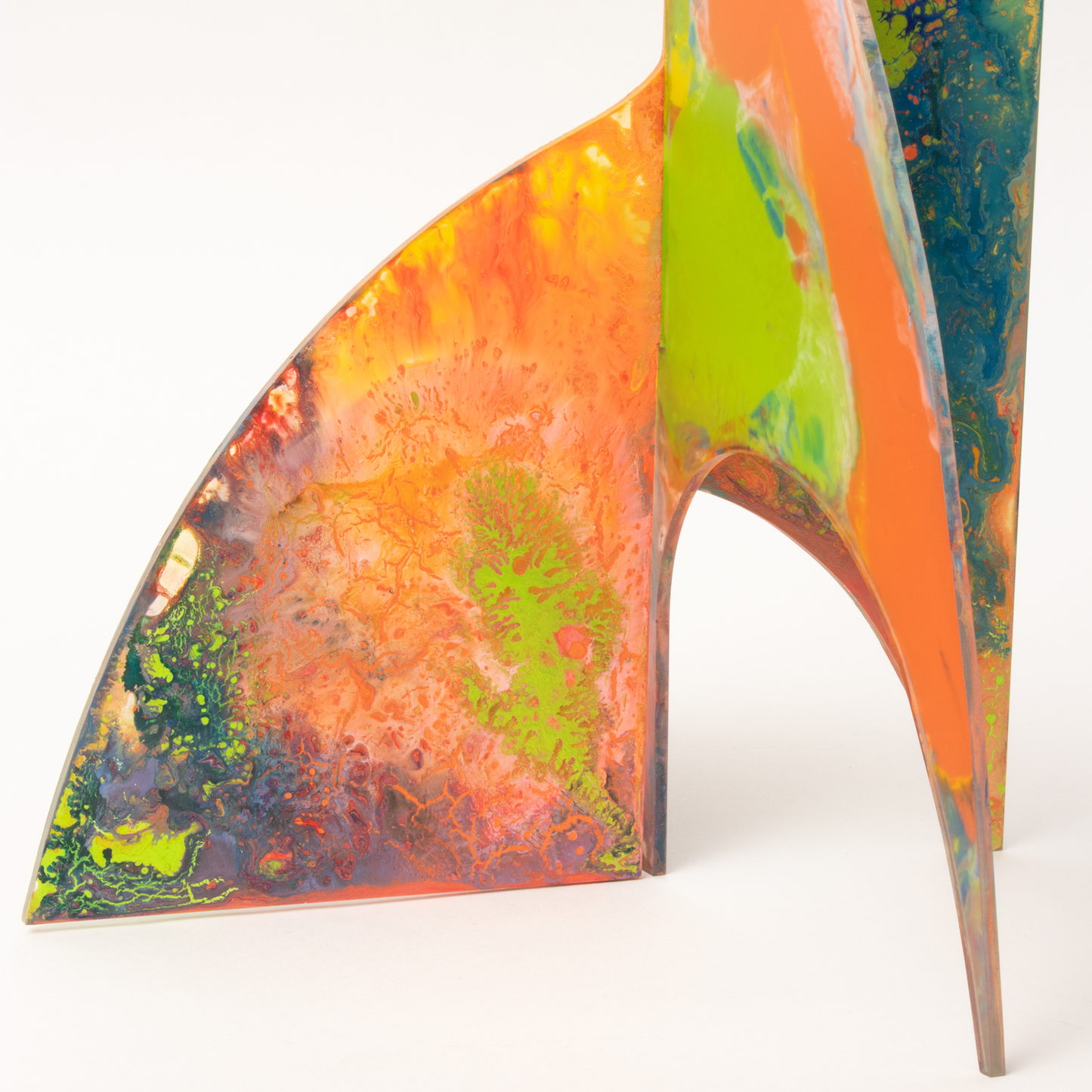 Closeup of base of colorful abstract kinetic art stabile - hand painted one of a kind - modern sculpture by AtomicMobiles.com