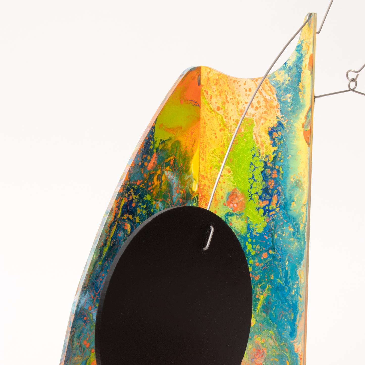 Overview of colorful abstract kinetic art stabile - hand painted one of a kind - modern sculpture by AtomicMobiles.com
