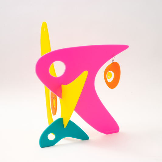 Bright hot pink, yellow, orange, and aqua blue modern kinetic art sculpture by AtomicMobiles.com