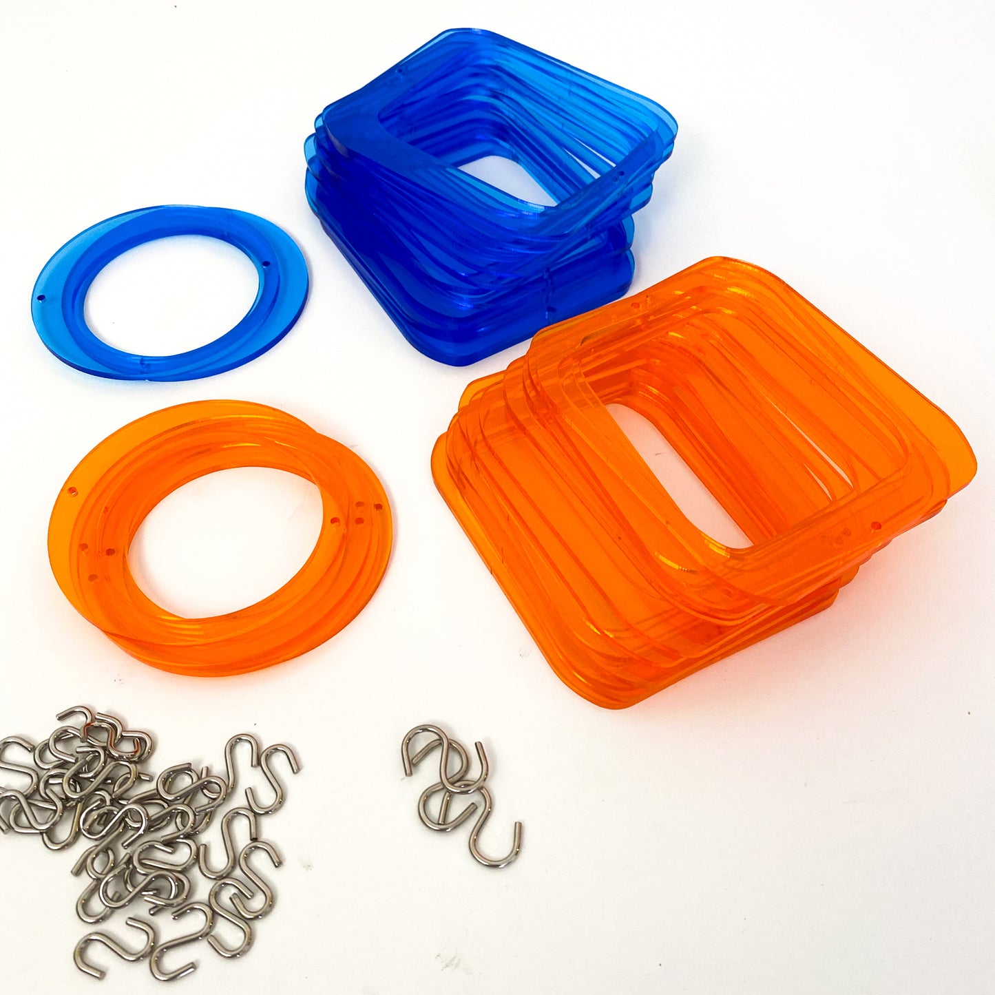 Parts for cool retro kinetic art piece in orange and blue for wall art, mobiles, or room dividers by AtomicMobiles.com