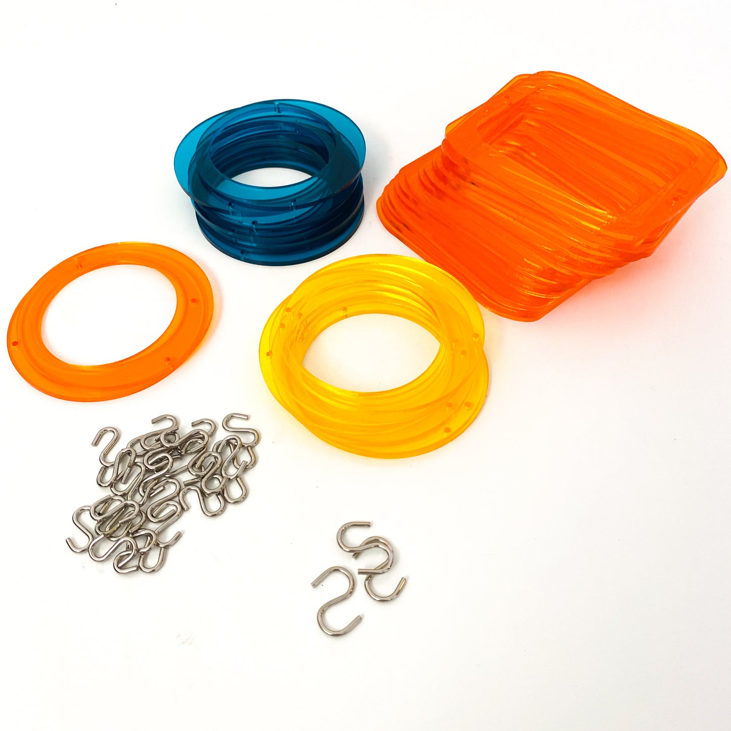 Parts for cool retro kinetic art piece DIY Kit in Palm Springs colors of clear Orange, Teal, and Yellow for wall art, mobiles, or room dividers by AtomicMobiles.com